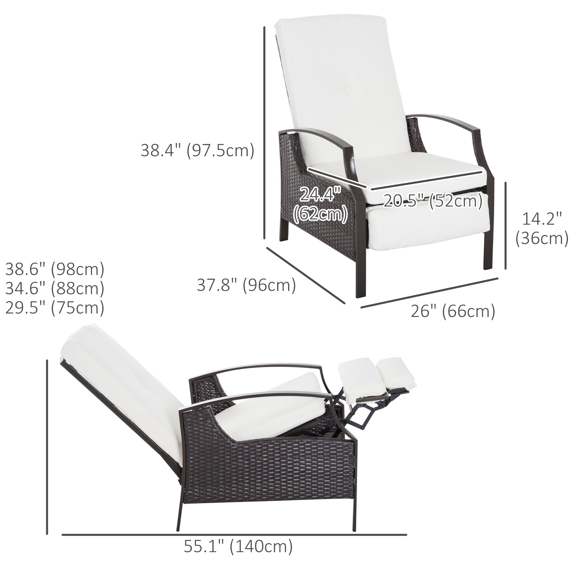 Outsunny Adjustable Outdoor Recliner with Cushion Wicker Cream White
