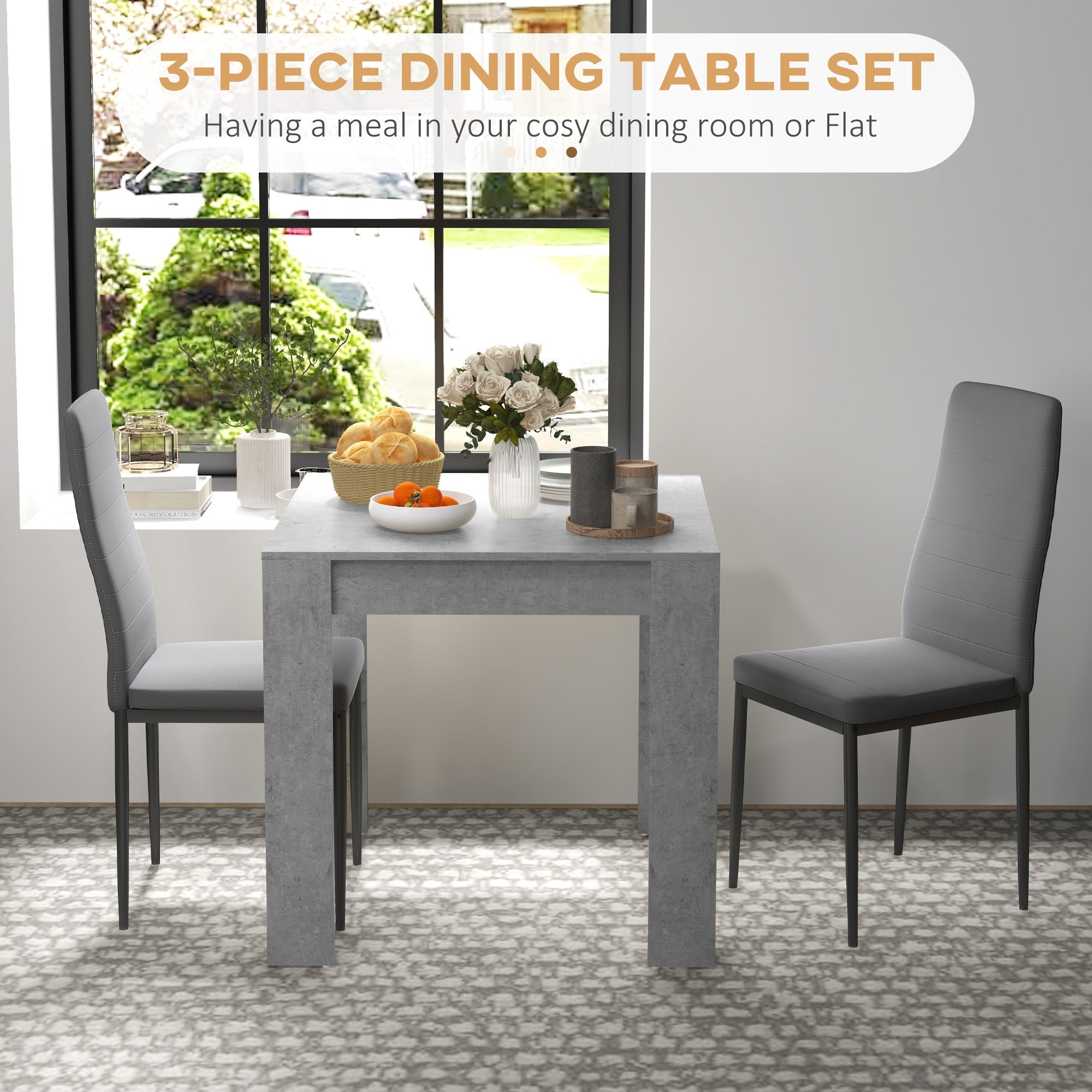 HOMCOM 2-Person Dining Set Square Faux Cement Table PU Leather Chairs Compact Kitchen Furniture for Small Spaces