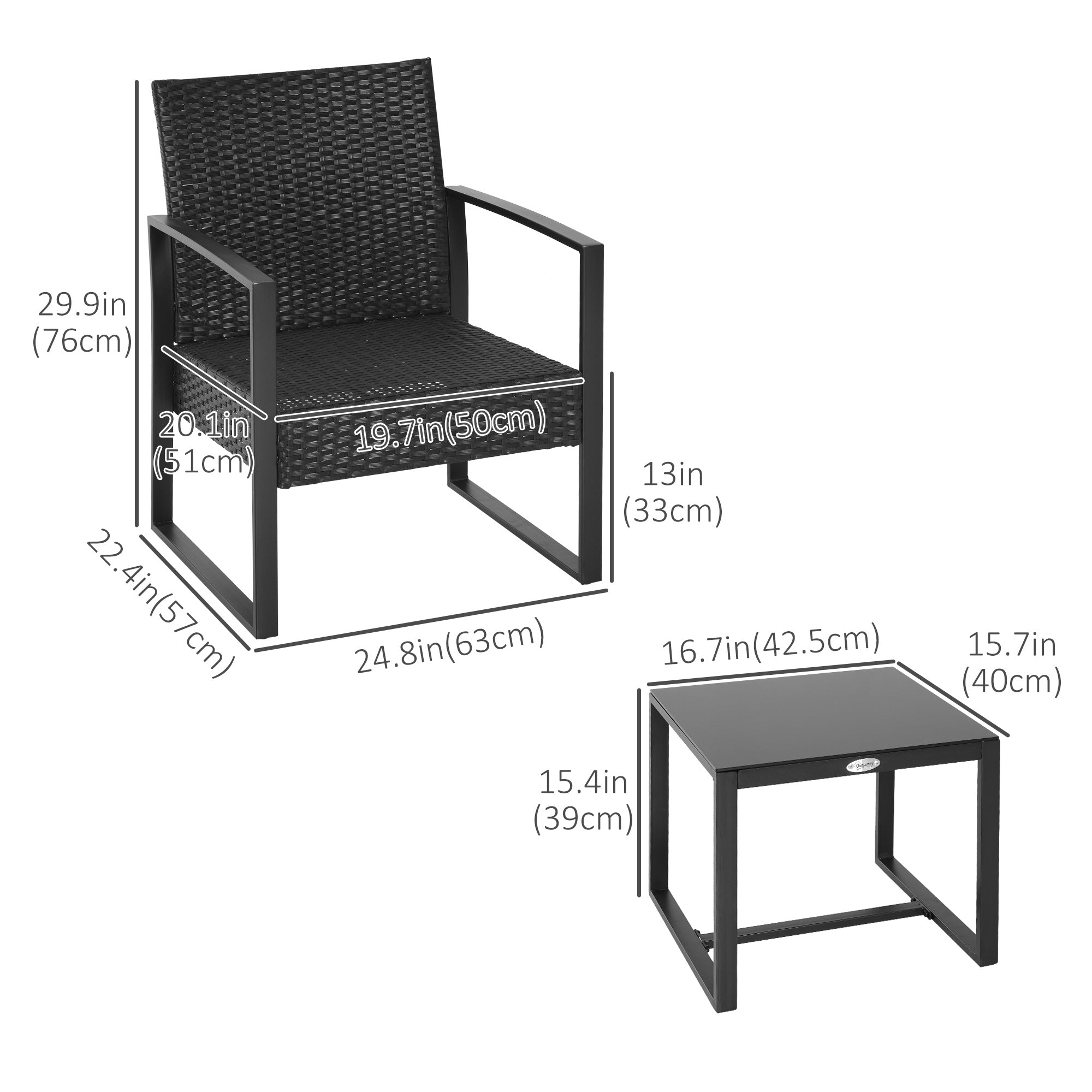 Outsunny 3 Pieces Patio Bistro Set, Outdoor PE Rattan Garden Porch Furniture w/ Cushioned Chairs & Tea Table Patio Furniture, Black