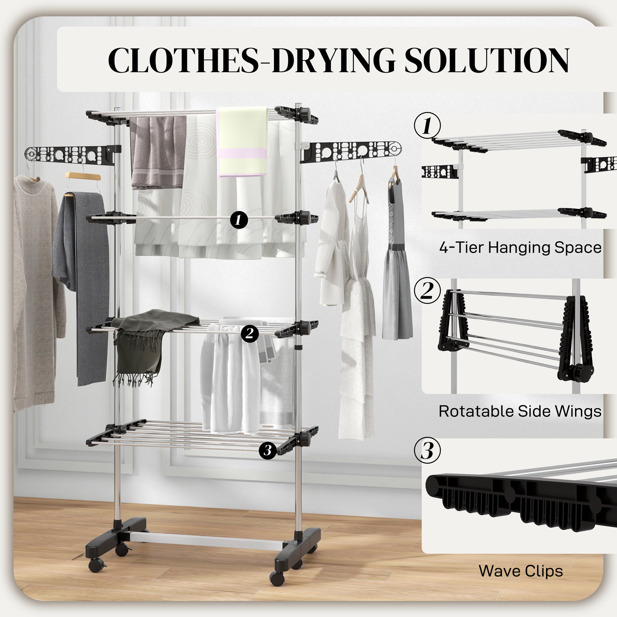 HOMCOM Garment Drying Rack Stainless Steel Folding Clothes Hanging Rack with Side Wings Castors for Indoor Outdoor Black