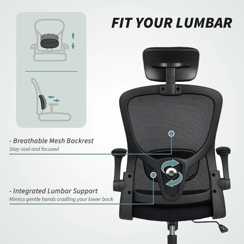 Ergonomic Office Chair, Mesh Desk Chair with Adjustable Headrest, Lumbar Support and Height, Flip-Up Armrests, Black