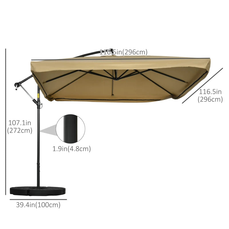 Offset Patio Umbrella with Net and Umbrella Base, Adjustable Cantilever Canopy with Cross Base, Weight Plates and 8 Ribs for Backyard, Poolside, Garden, Beige