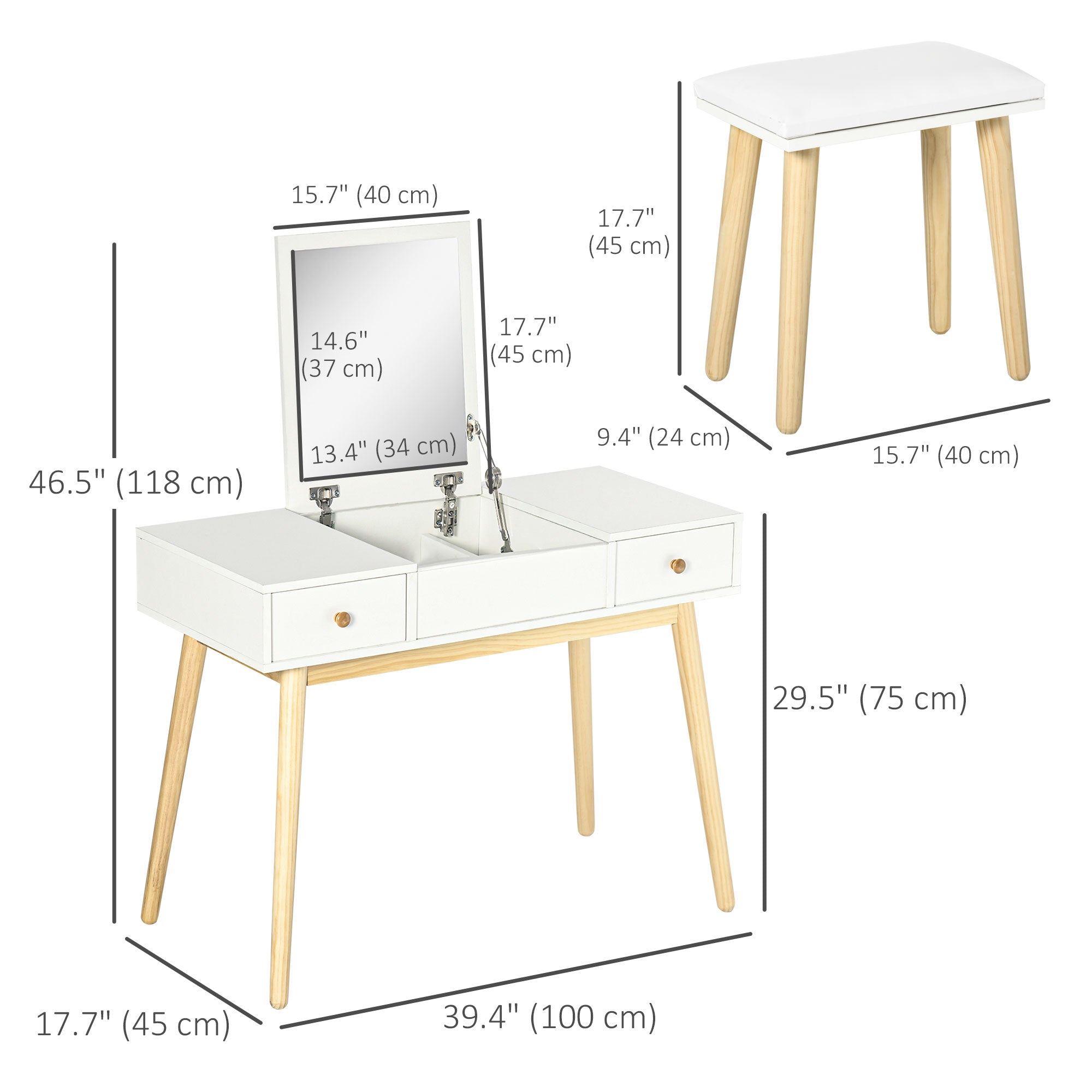 Homcom White Makeup Vanity Dressing Table Mirror With Set Cushioned Stool Makeup Vanity Dressing Desk With 2 Drawers And Storage
