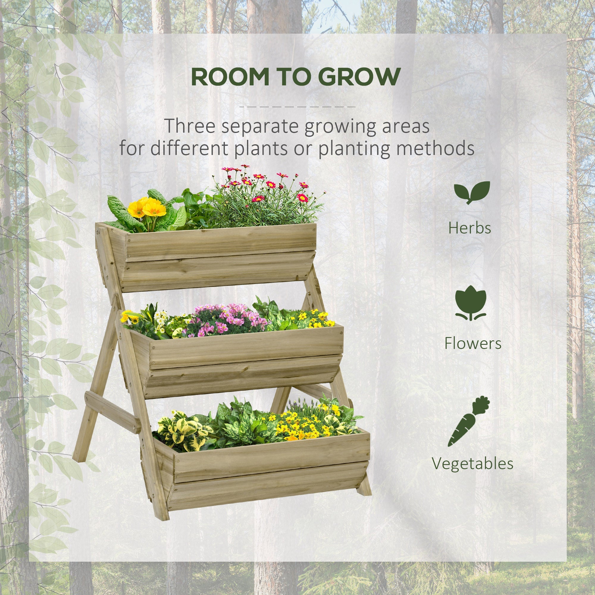 Outsunny 3 Tier Elevated Planter Box Vertical Wooden Raised Garden Bed Flowers Veggies Herbs Patio Backyard 26" x 30" x 30" Green