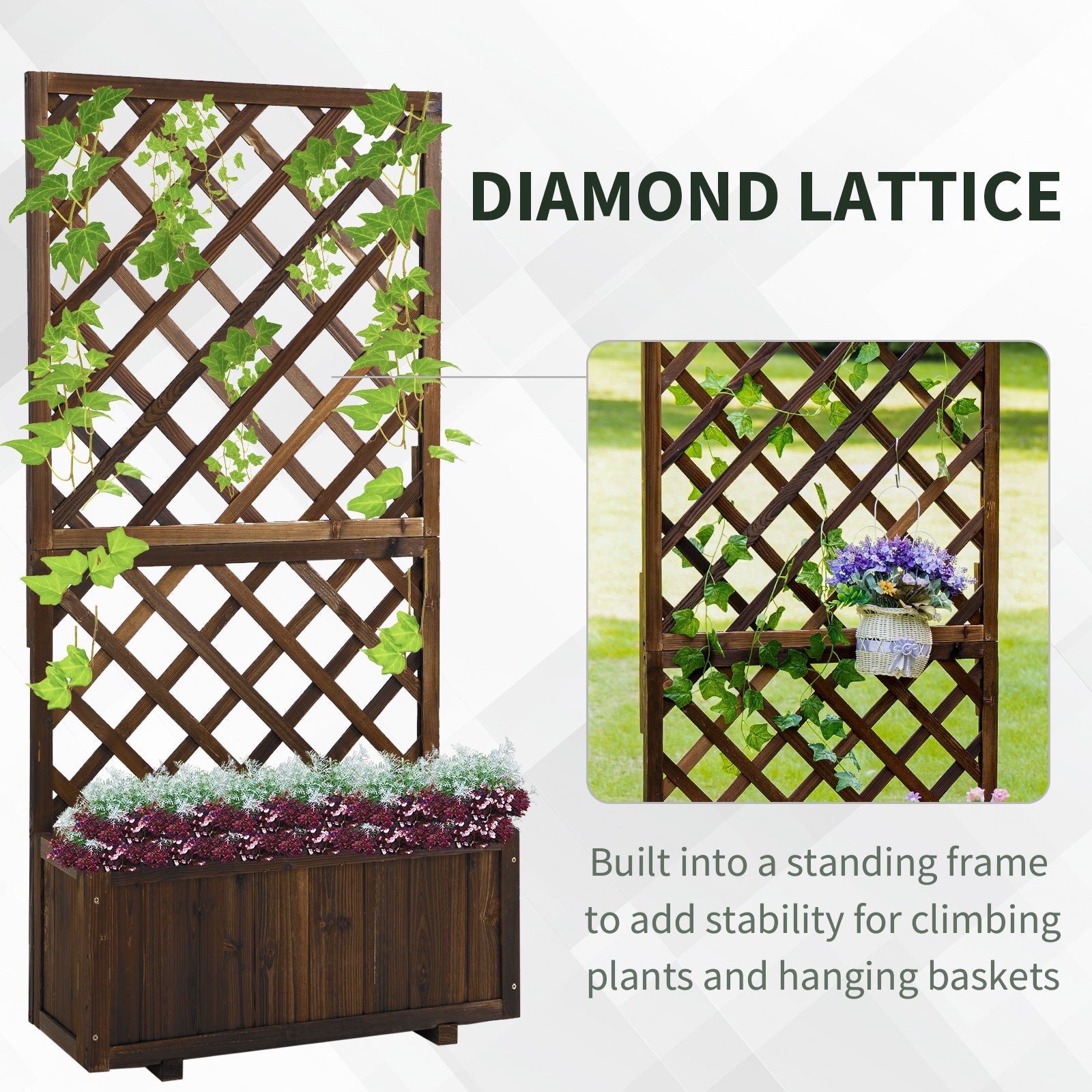 Outsunny Wooden Planter Box with Trellis for Climbing Plants Flower Raised Bed 2.4x1x4.9ft Carbonized