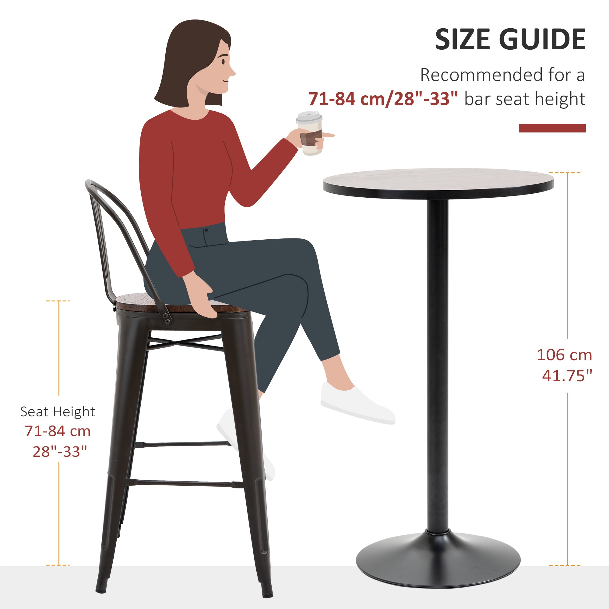 HOMCOM 42" Rustic Bar Table Industrial Chic Round Bistro Table Metal Base Elm Wood Top Bar Height Pub Table Kitchen Breakfast