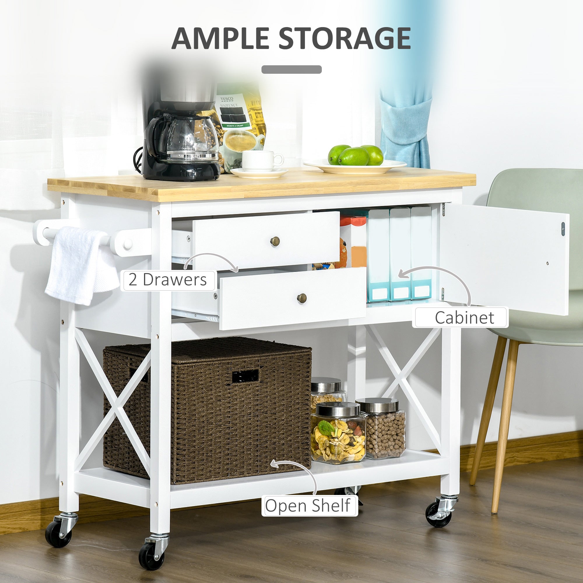 HOMCOM White Utility Kitchen Trolley: Rubberwood Top Island Cart with 2 Drawers, Towel Rack & Storage Solution