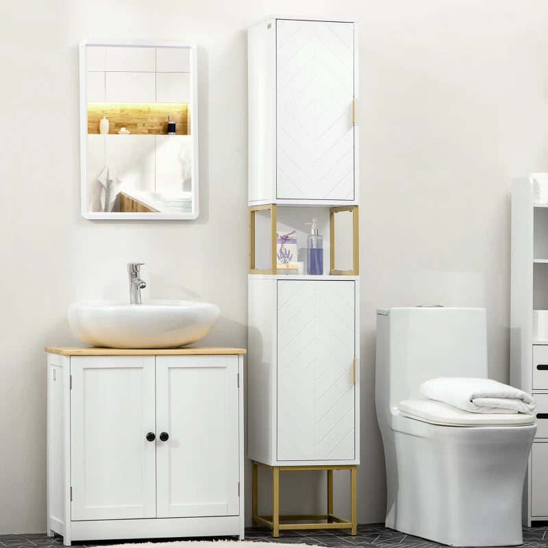 Tall Bathroom Storage Cabinet, Modern Narrow Bathroom Cabinet with Diamond Chevron Pattern and Adjustable Shelf, White