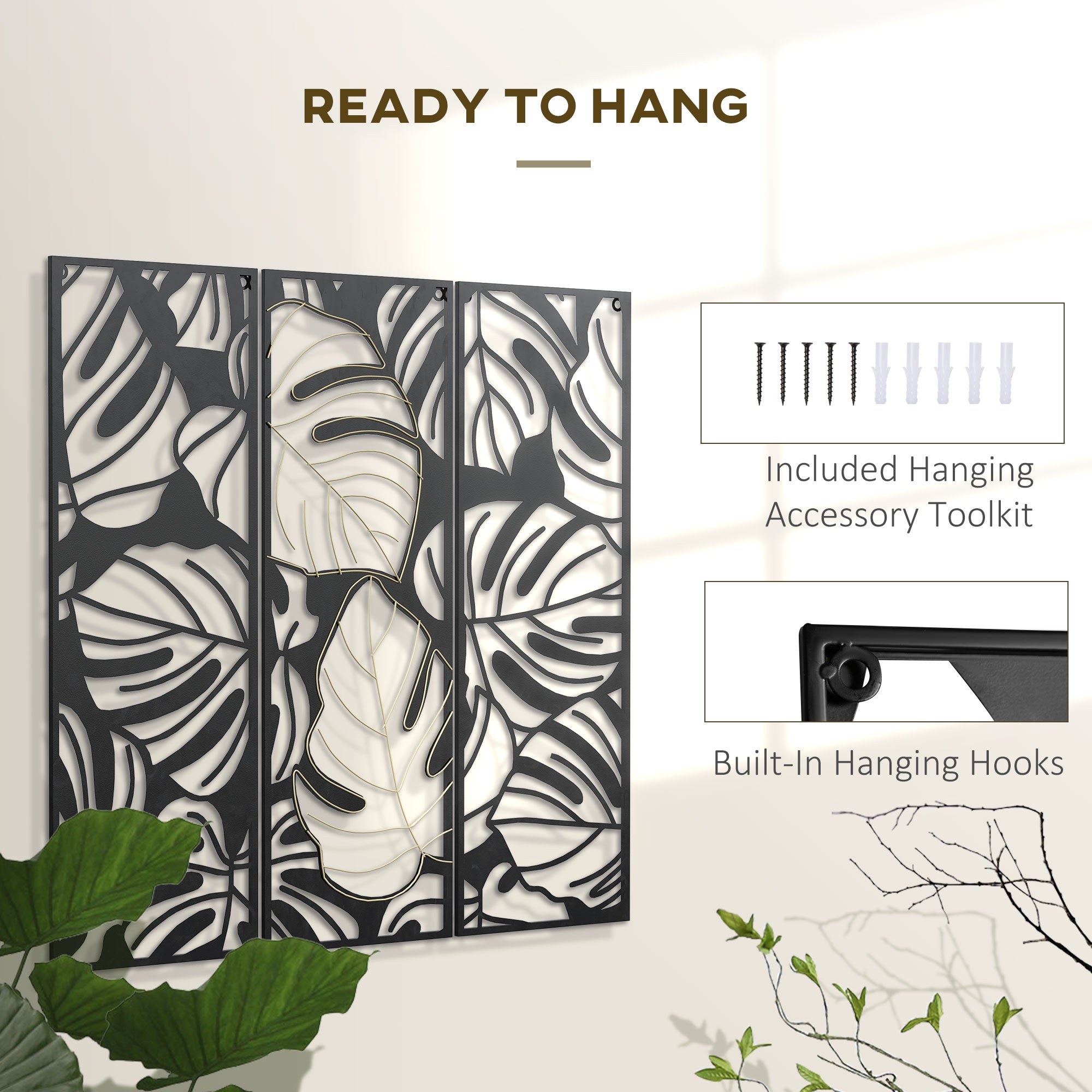 HOMCOM Metal Wall Art Set: Abstract Line Fir Leaves Hanging Sculptures for Living Room, Bedroom, Kitchen Decor