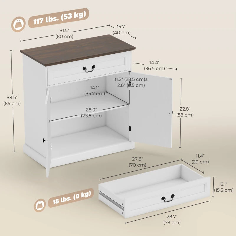 Buffet Cabinet, 32" Farmhouse Sideboard with Thick Top, Quiet Drawer and Adjustable Shelf, White Wood Grain