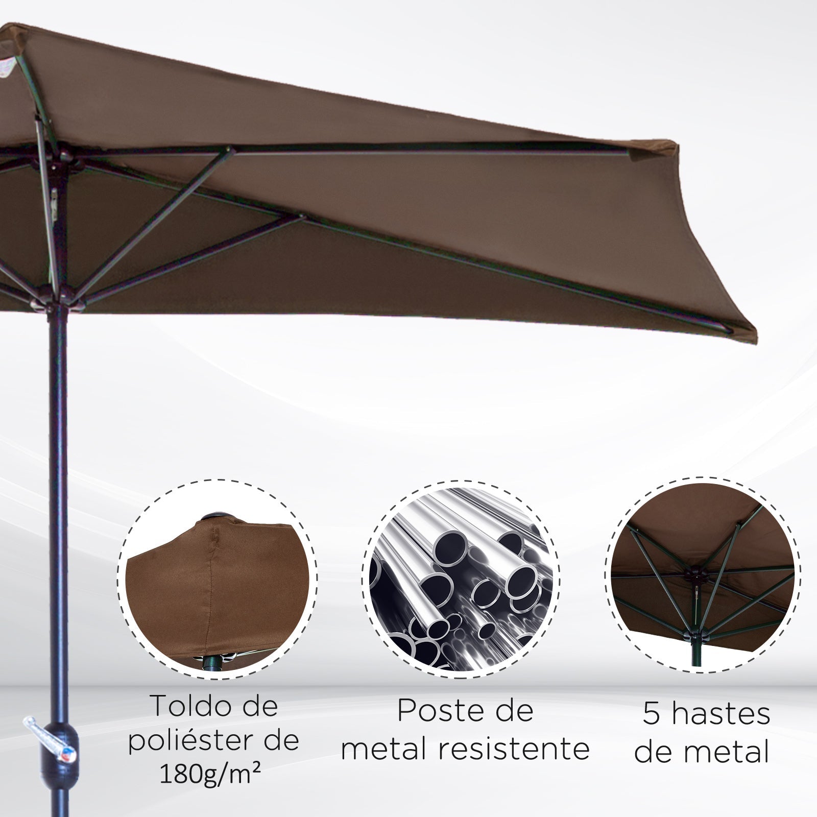 Outsunny 9ft Half Round Umbrella Outdoor Patio Garden Balcony Parasol Window Sun Shade w/ 5 Ribs Coffee