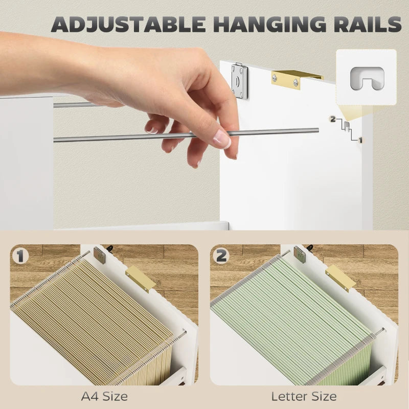 Lockable Filing Cabinet with 4 Fluted Drawers, File Cabinet with Adjustable Hanging Rails for A4 Letter Files, White