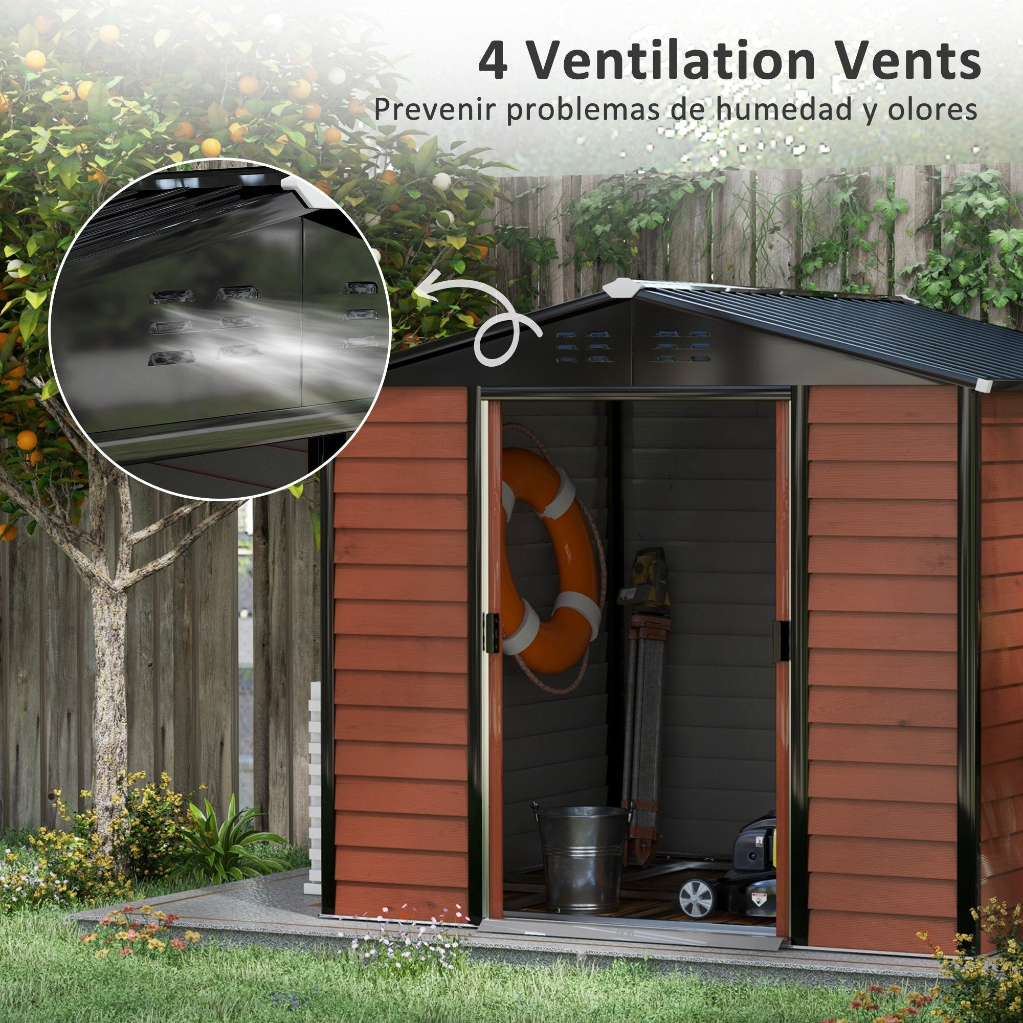 Outsunny Metal Outdoor Storage Shed 8x7ft Galvanized Steel Garden Tool Shed with Floor Frame Vents Waterproof Teak