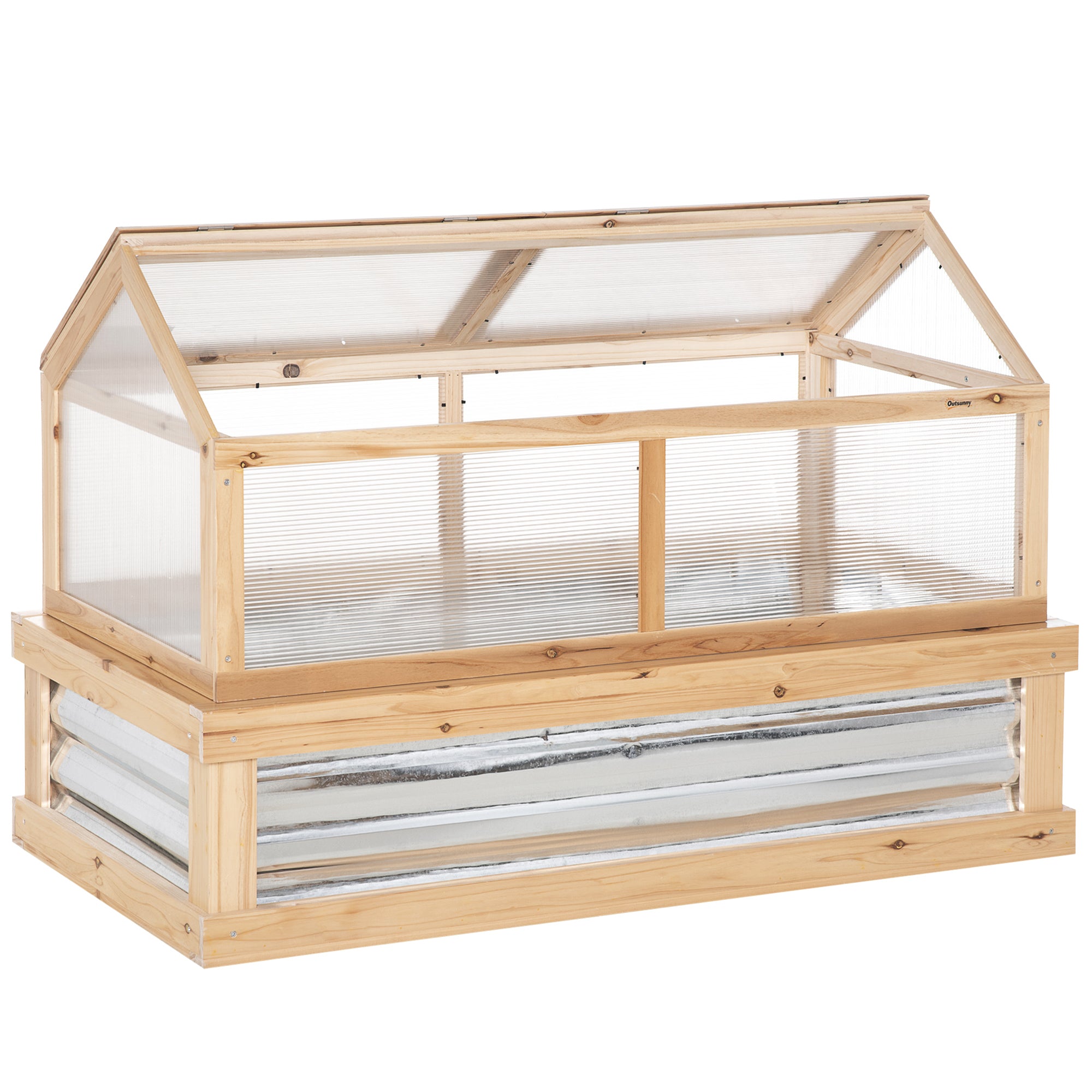 Outsunny 48"x24"x32" Raised Garden Flower Bed Wooden Cold Frame Planter Greenhouse Pointed Open Roofs Natural