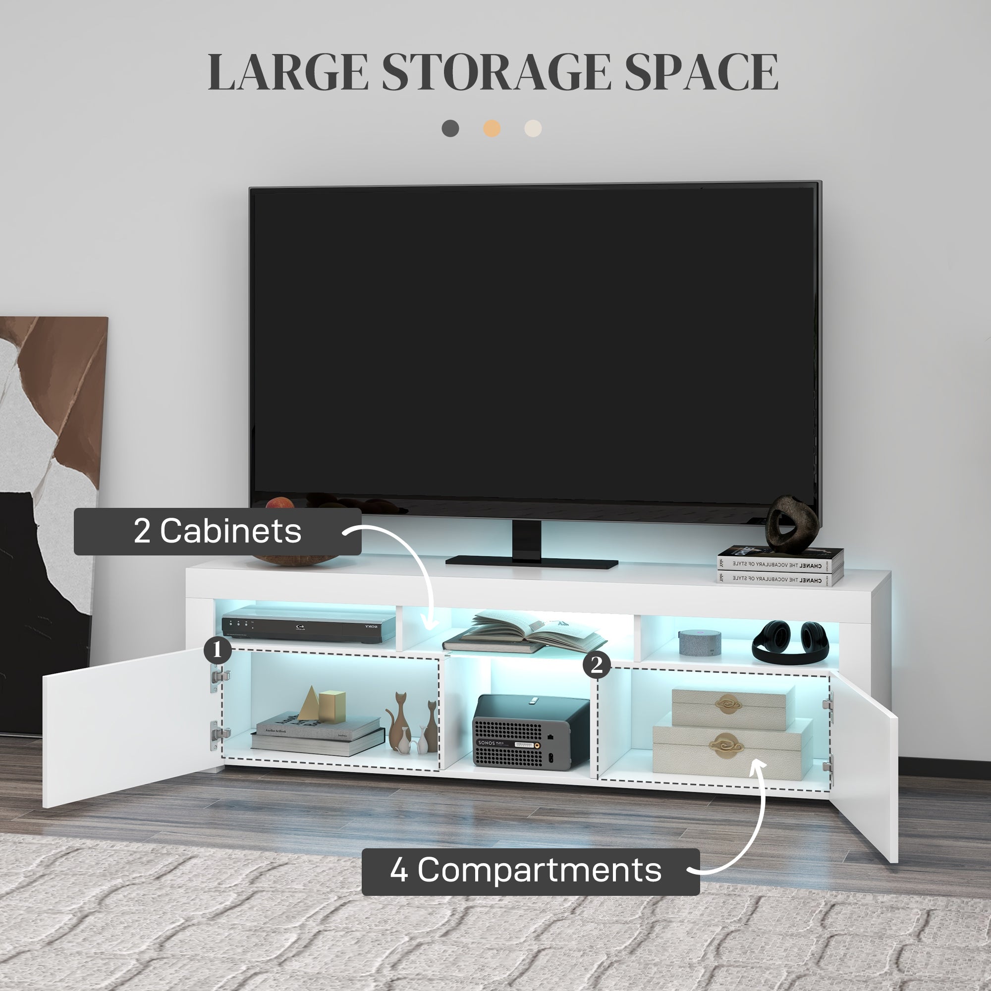 HOMCOM Modern TV Stand with Storage LED Lights for TVs up to 55" TV Cabinet Open Compartments High Gloss White