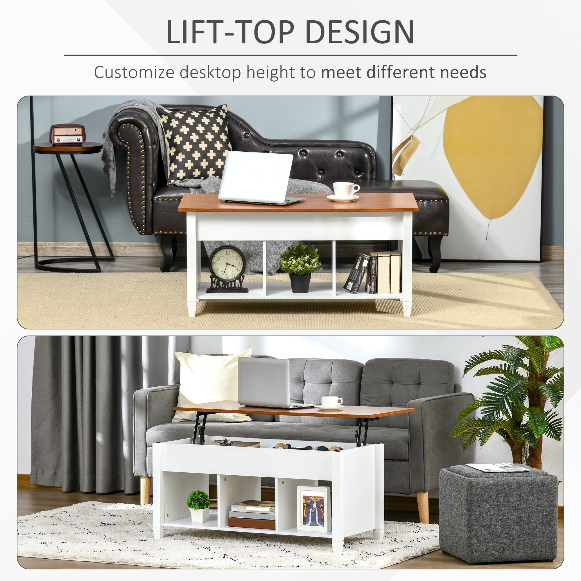 HOMCOM White & Brown Lift Top Coffee Table: Pop-Up Center Table with Hidden Storage, 3 Lower Shelves for Living Room