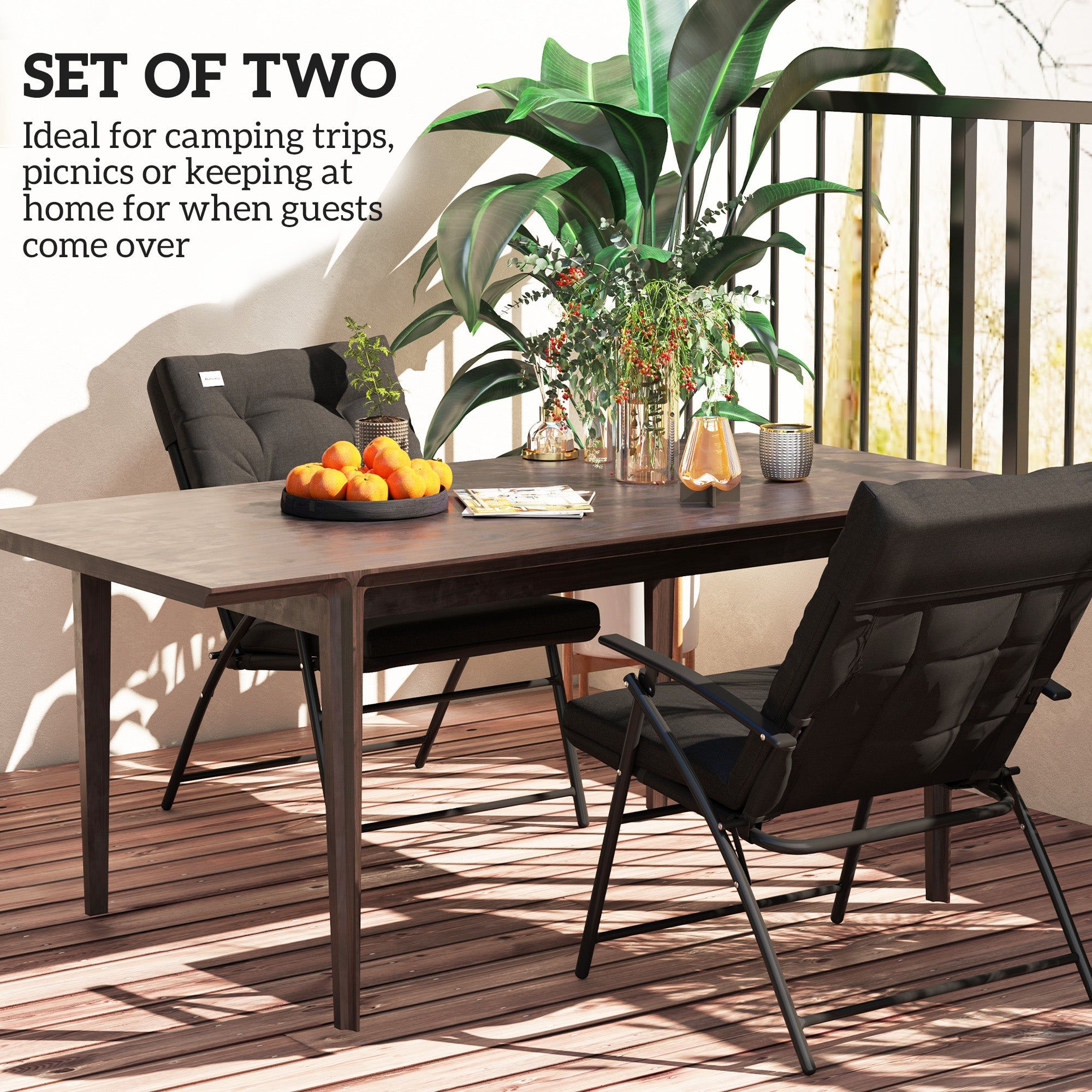 Outsunny Set of 2 Outdoor Folding Chairs with Adjustable Backrest, Padded Camping Chairs for Outdoor Events, Black