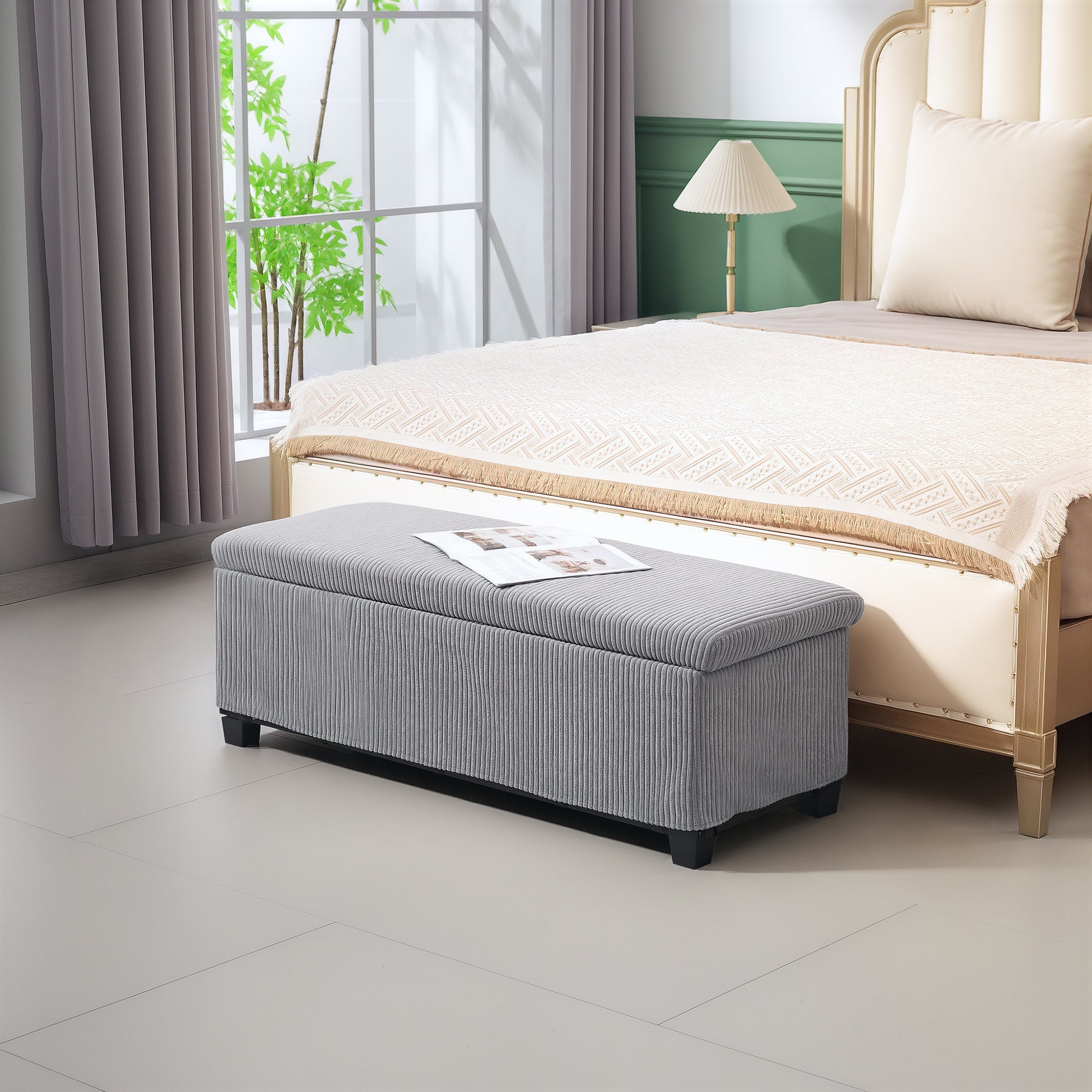 HOMCOM 44 Inches Ottoman with Storage, Lid, Legs, Corduroy End of Bed Bench for Living Room, Bedroom, Entryway, Light Grey