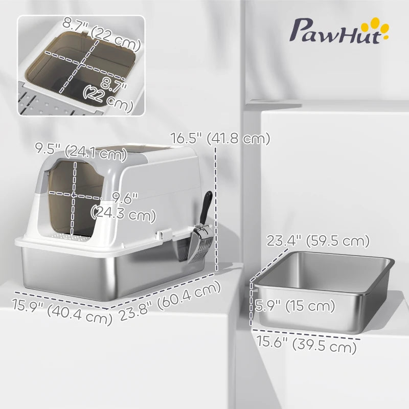 Extra Large Stainless Steel Litter Box, Enclosed Kitty Litter Box for Big Cats with Scoop, Deodorizer Bag