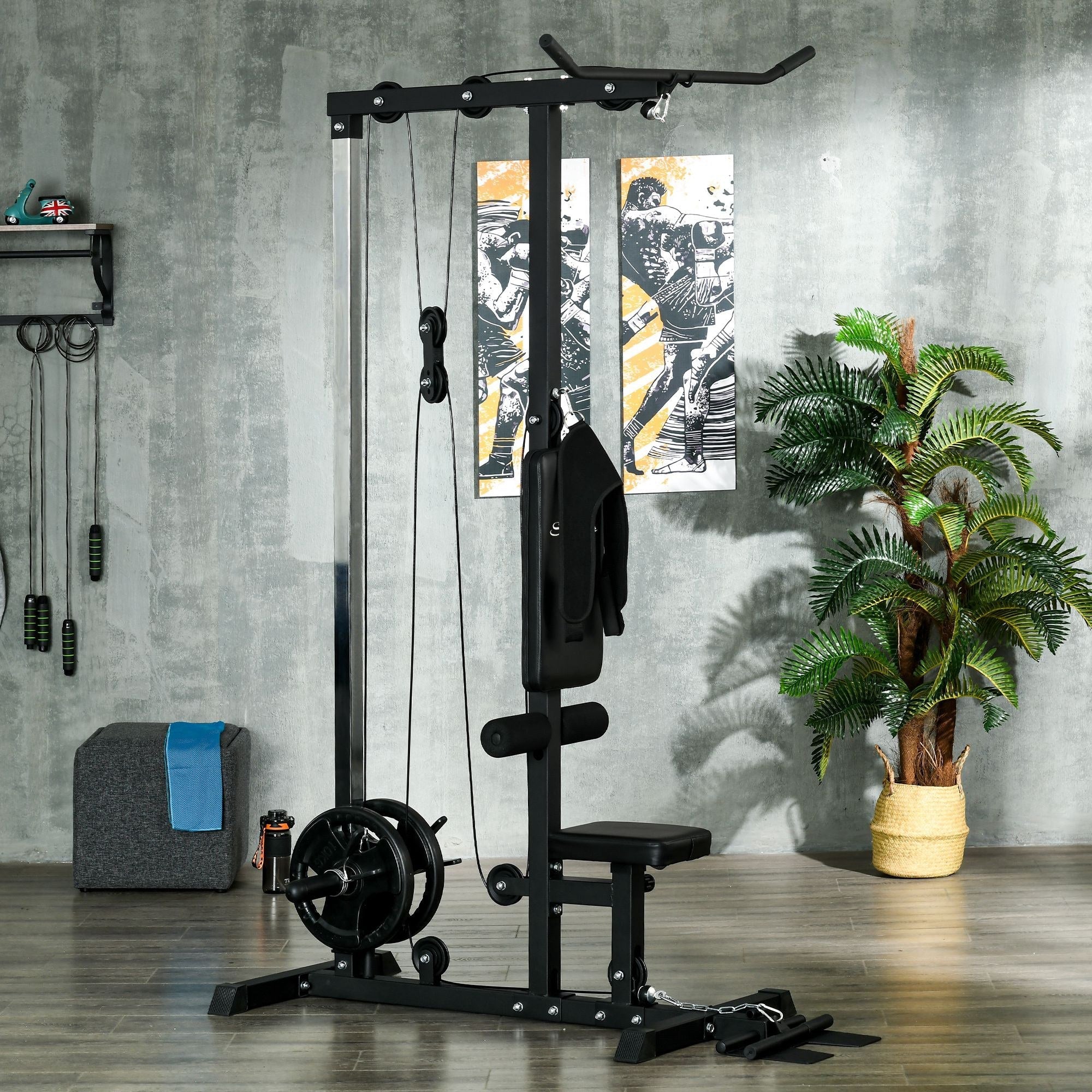 Soozier Lat Pull Down Machine with High Low Pulley Adjustable Seat for Strength Training Home Gym Black