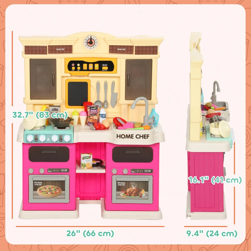 Qaba Play Kitchen Set, Kids Kitchen Playset with Real Lights and Sounds, Sink, Stove, Clock, Accessories, Pink