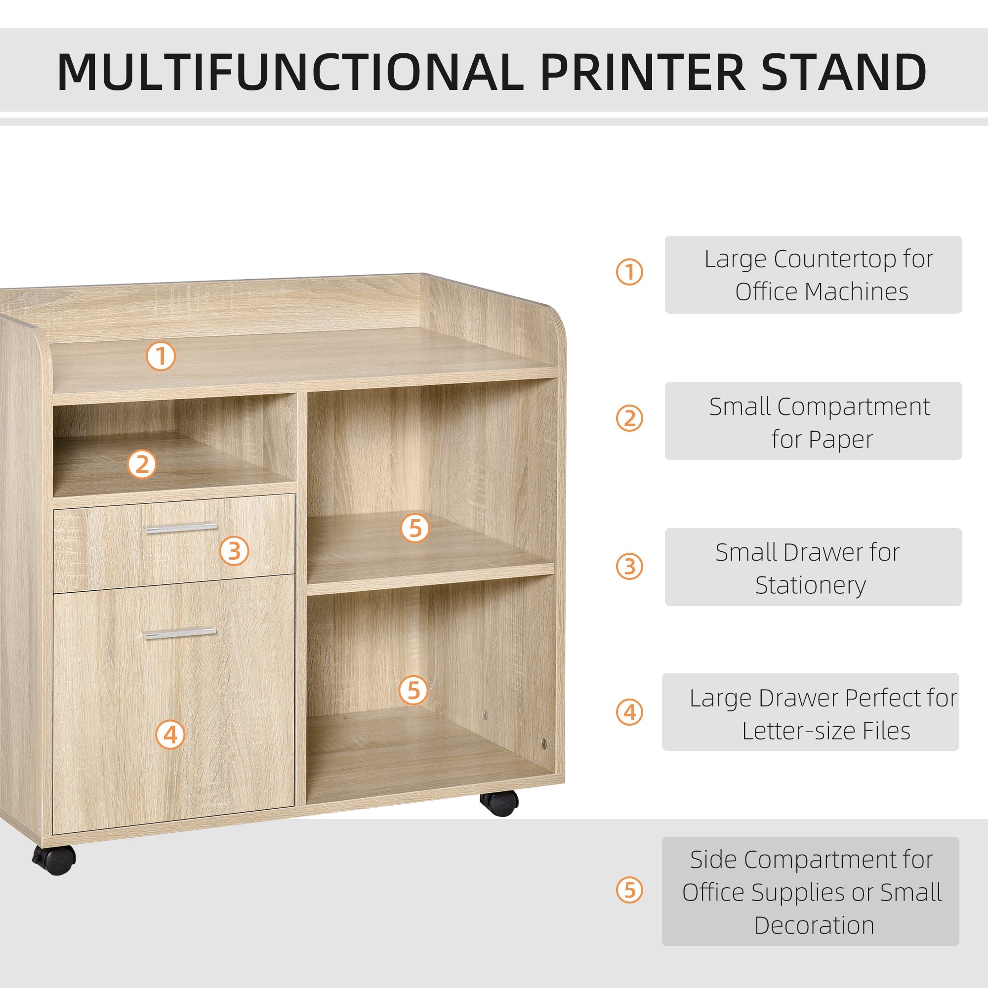 Vinsetto Filing Cabinet: Printer Stand, Mobile, Oak, 2 Drawers, Adjustable Open Shelves, Office