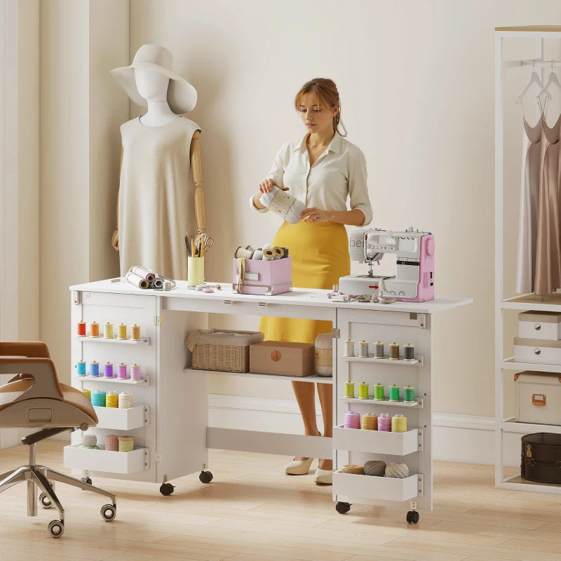 Folding Craft Table, Rolling Sewing Machine Table with Magnetic Doors, Bins, Pegs, Storage Shelf, Lockable Wheels, White