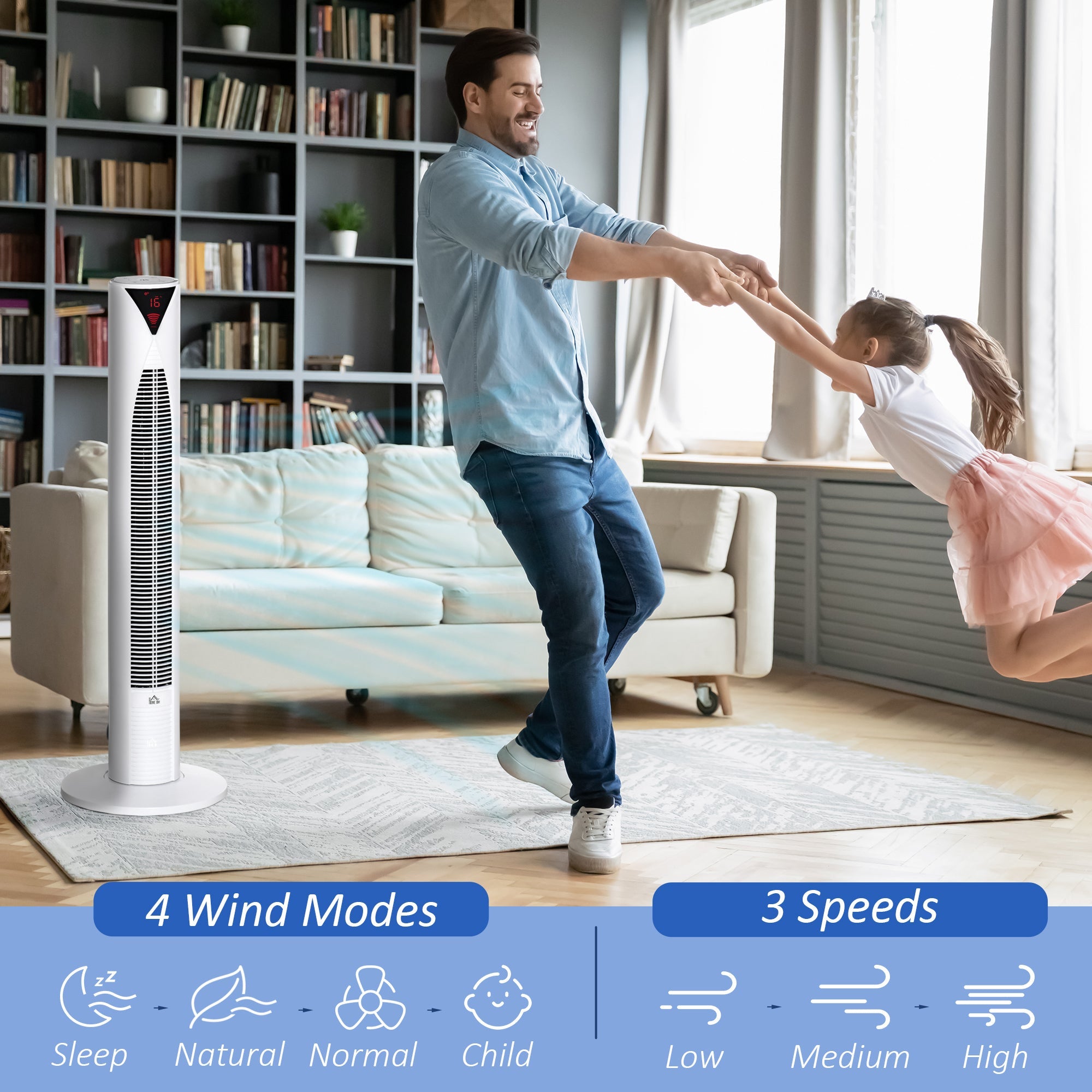 HOMCOM Tower Fan Oscillating 3 Speed 12h Timer LED Remote Control Cooling for Bedroom Home White