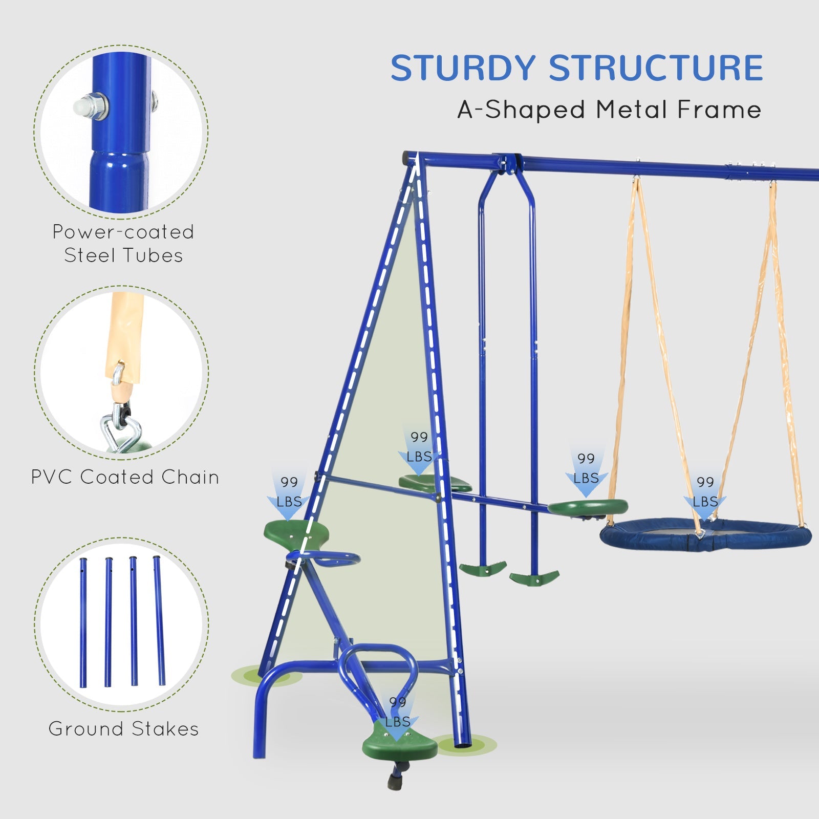 Outsunny 5 in1 Kids Swing Set with Saucer Swing, Slide, Seesaw, Glider, Swing Seat for Backyard, Playground