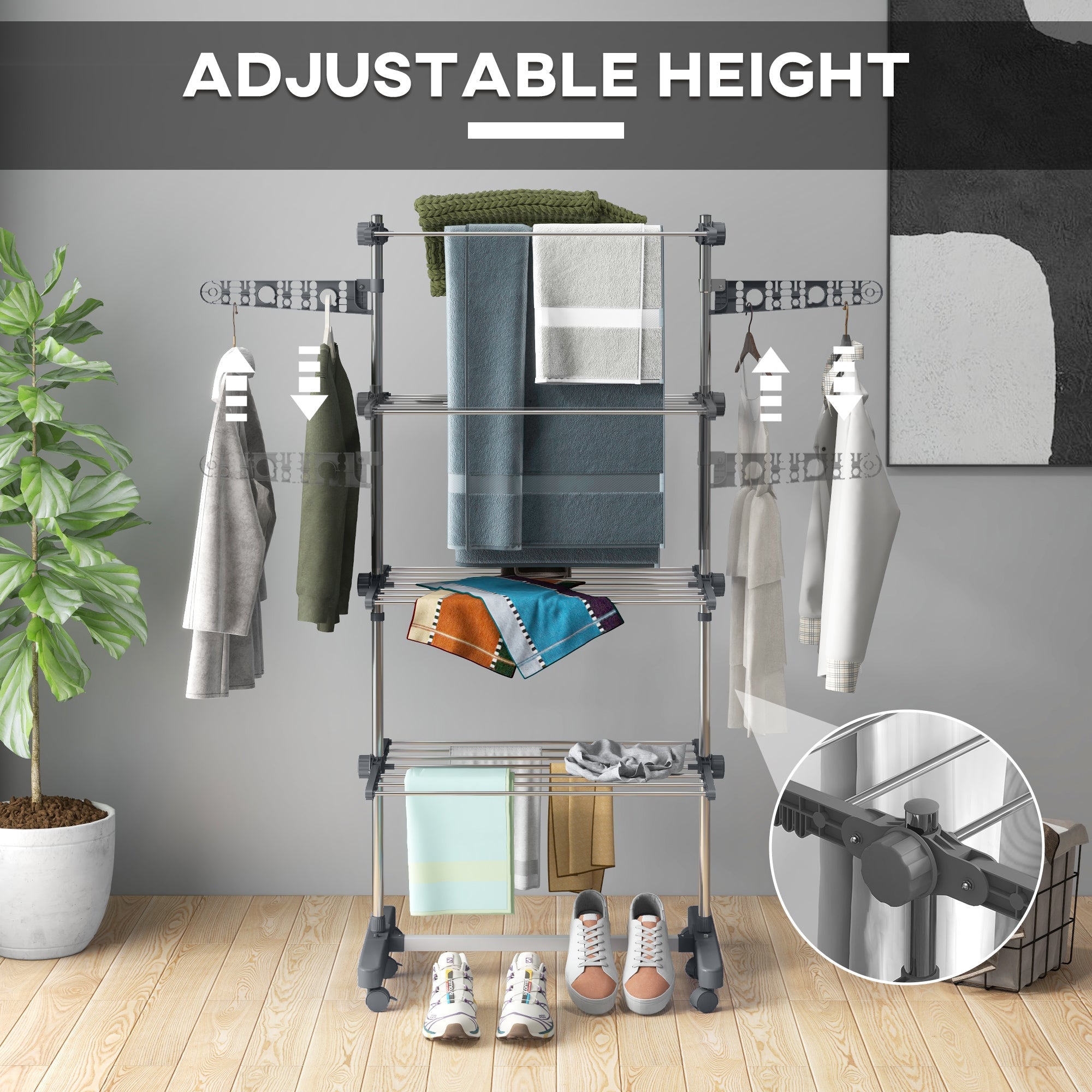 HOMCOM Laundry Rack Drying 4-Tier Stainless Steel Foldable Clothes Airer with Side Wings 6 Castors Grey