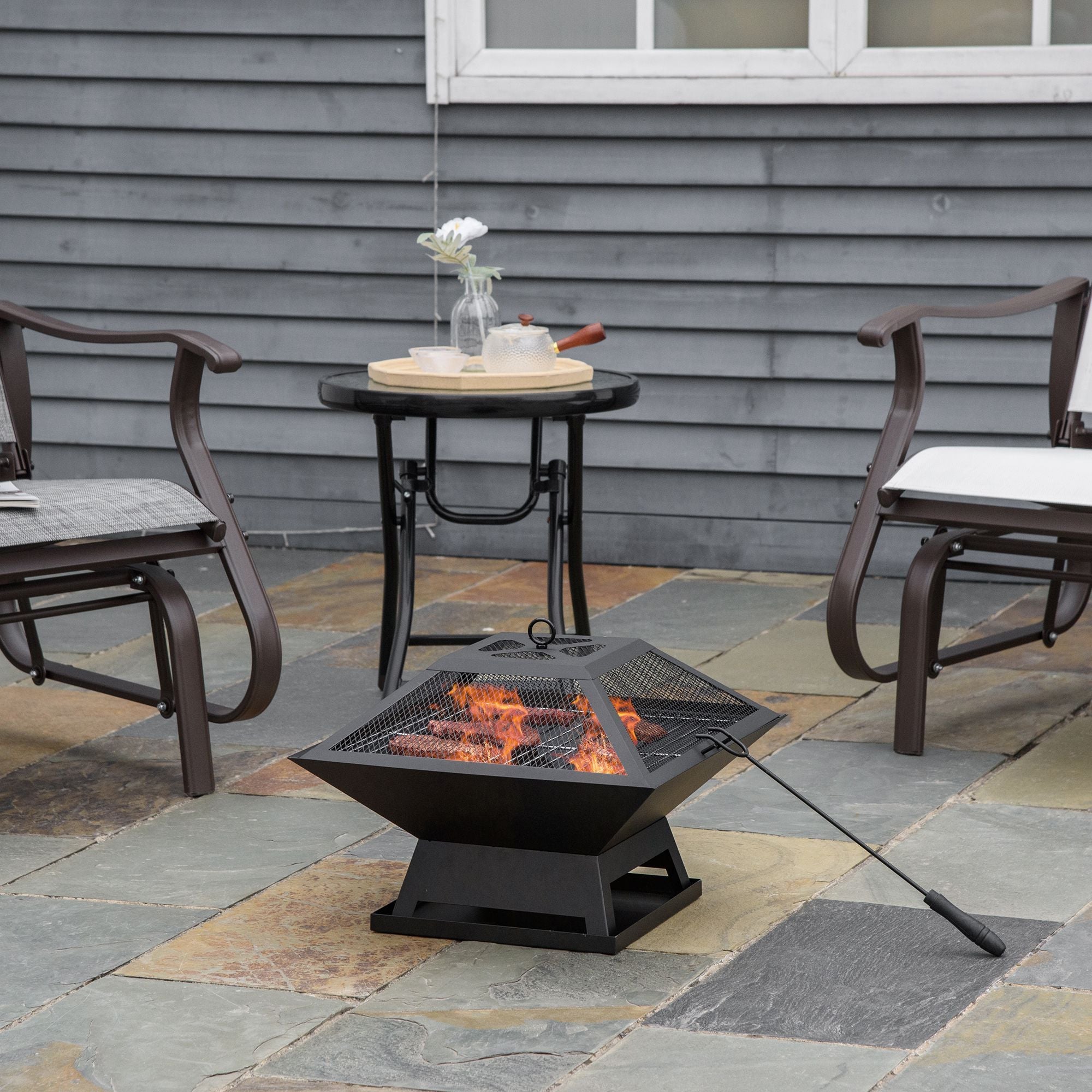 Outsunny Campfire Companion: 17.7"x17.7"x13.4" Portable Wood Burning BBQ Grill Fire Pit with Spark Screen, Poker, Camping, Black