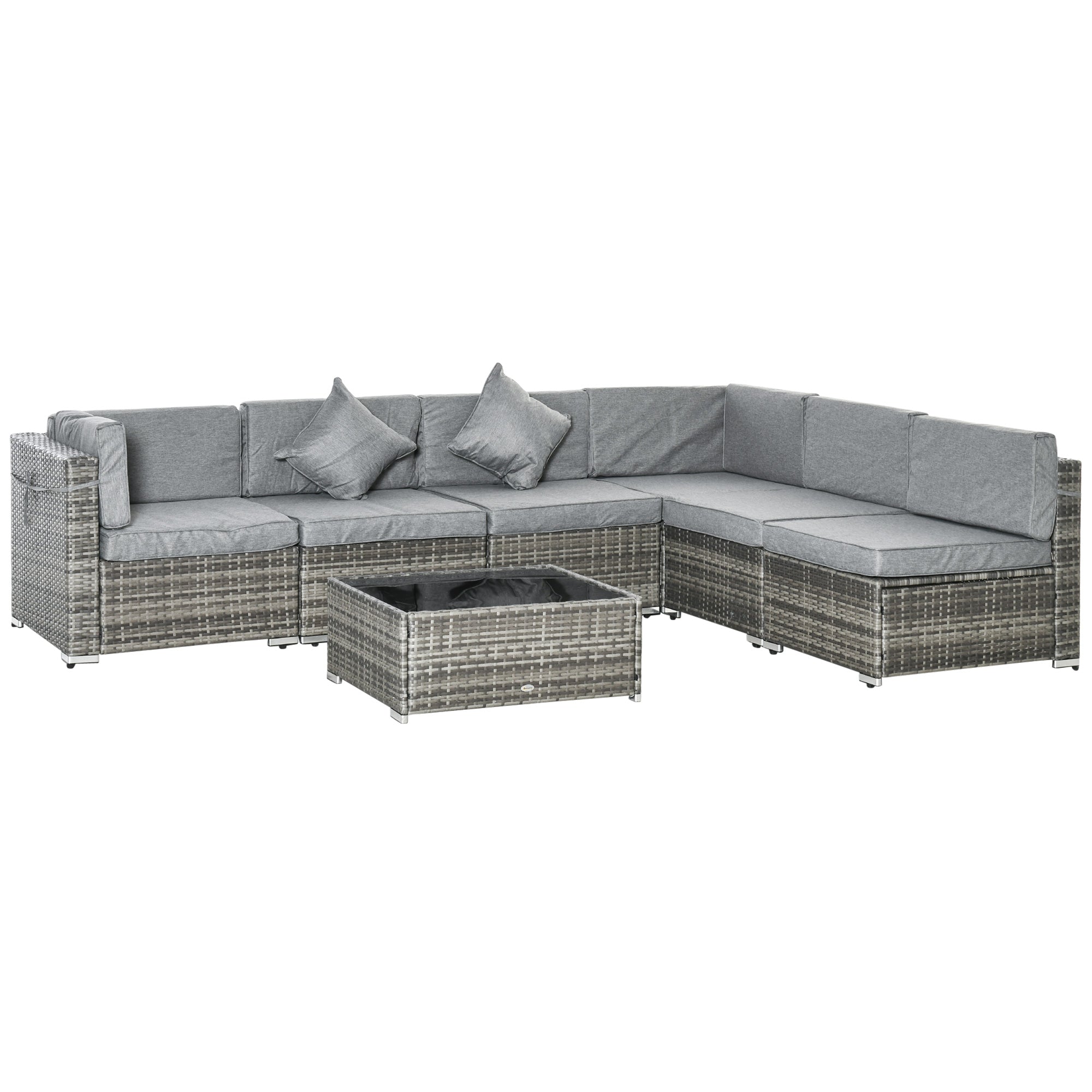 Outsunny 7pc Garden Wicker Sectional Set w/Tea Table Outdoor Wicker Sofa with Cushion, Grey