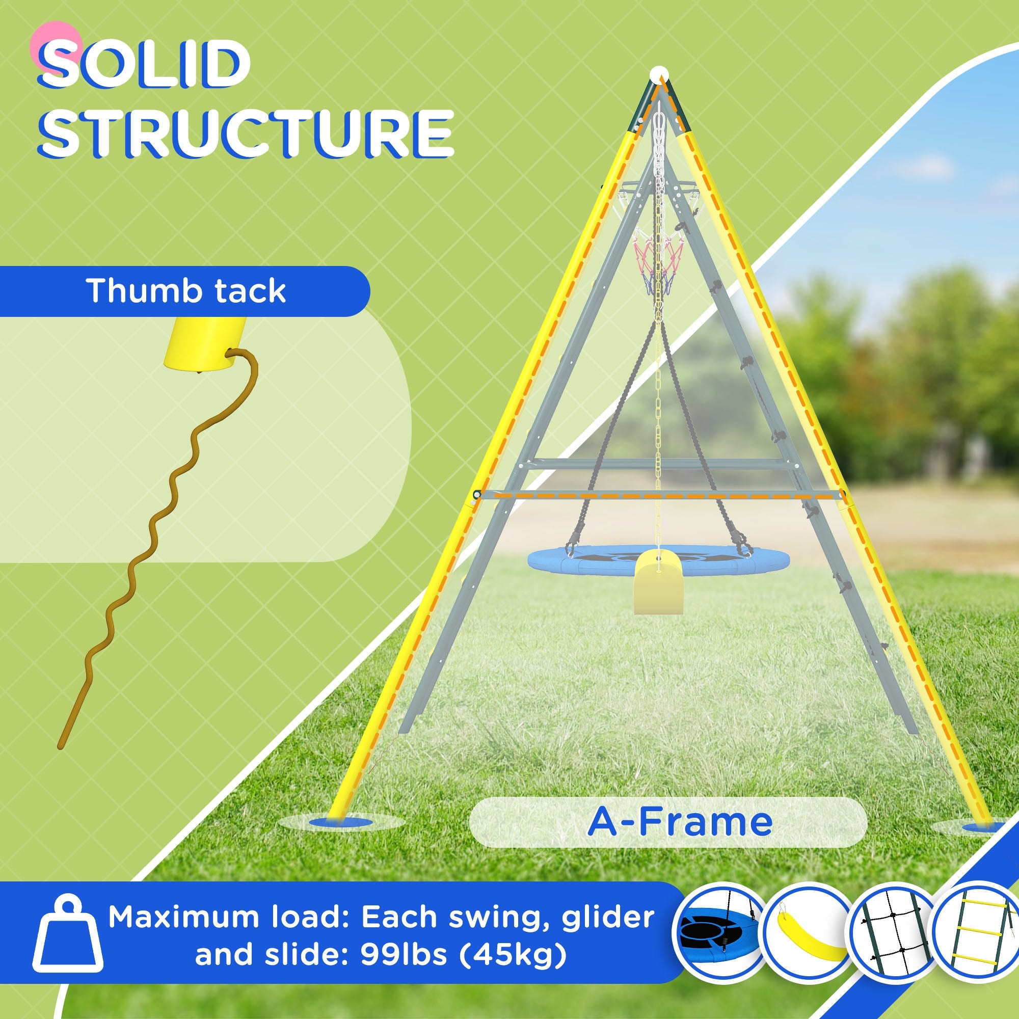 Outsunny Swing Set 4-in-1 for Kids, Saucer Swing, Seat, Climbing, Basketball Hoop, 3-8 Years, Yellow