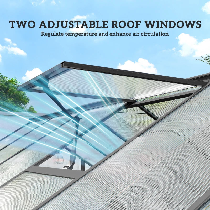 Polycarbonate Greenhouse, Walk-in Green House with Two Top Windows, Rain Gutter and Swing Door, 8' x 16' x 7', Dark Grey