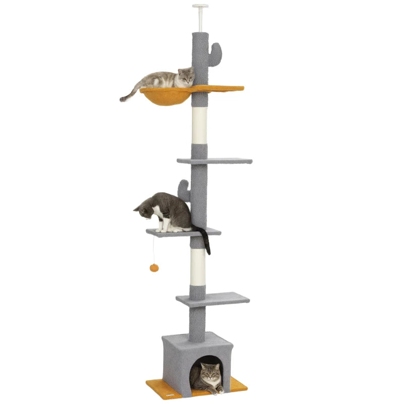 Floor to Ceiling Cat TreeTower with 90.5"-108" Adjustable Height, Scratching Posts, Hammock, Comdo, Toy Ball, Light Grey