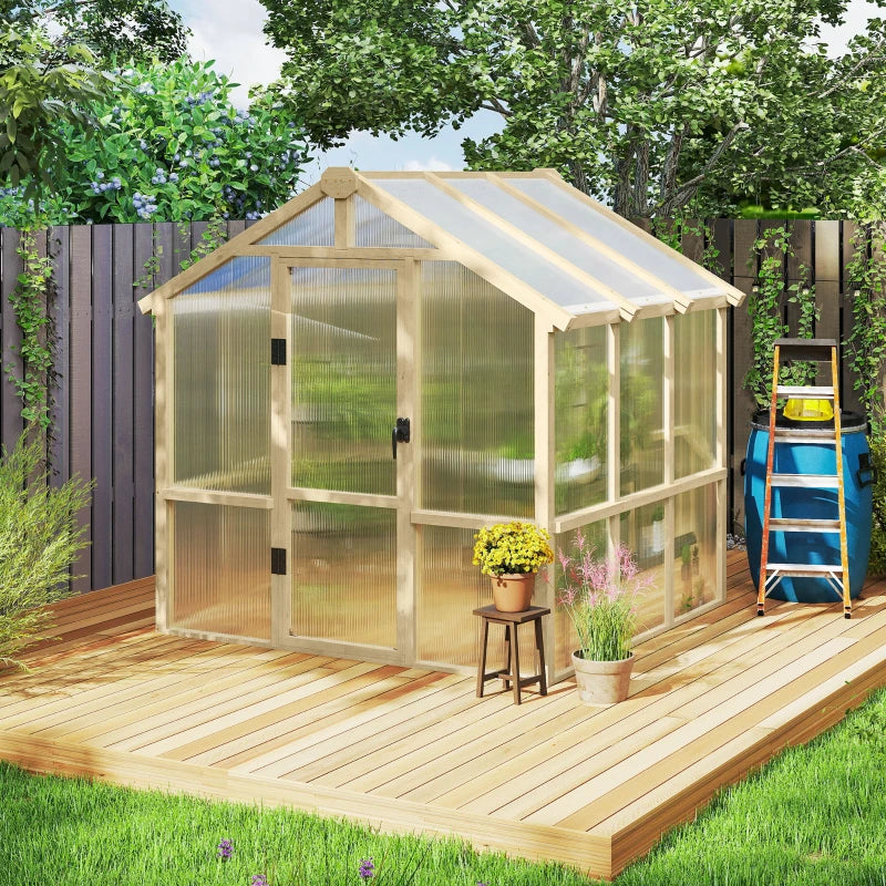 6.6 x 6ft Polycarbonate Greenhouse Wooden Green House with Thickened Polycarbonate Sheets, Lockable Door, Brown