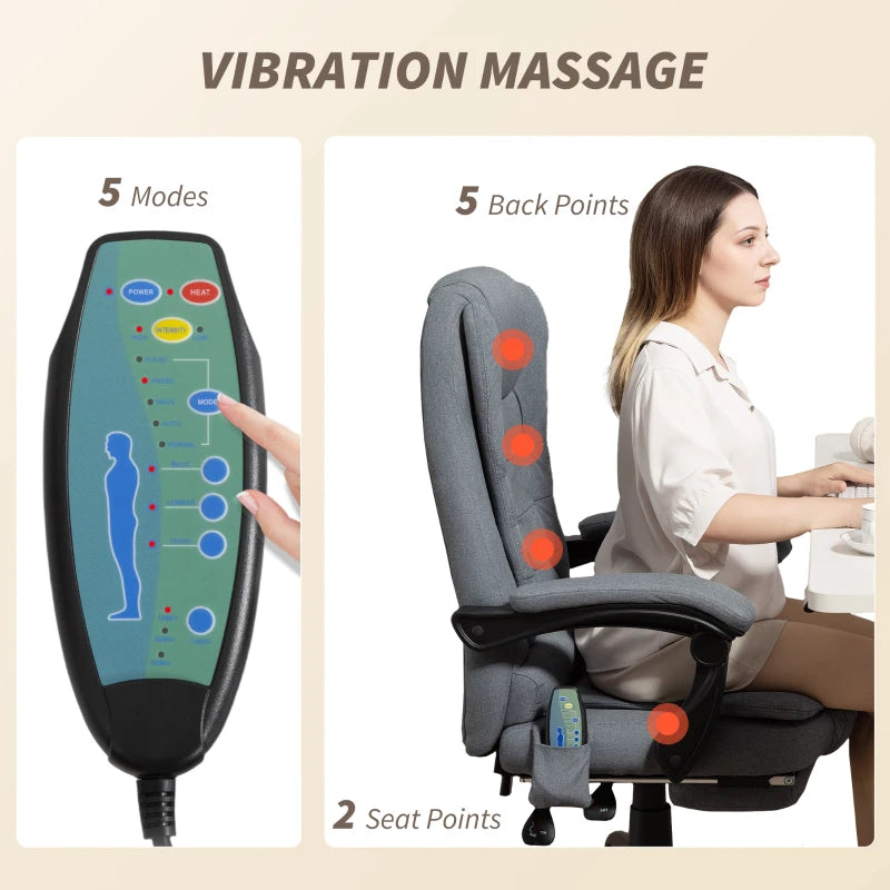 7-Point Vibrating Massage Chair, Reclining Office Chair with Footrest, Reclining Back, Adjustable Height, Grey