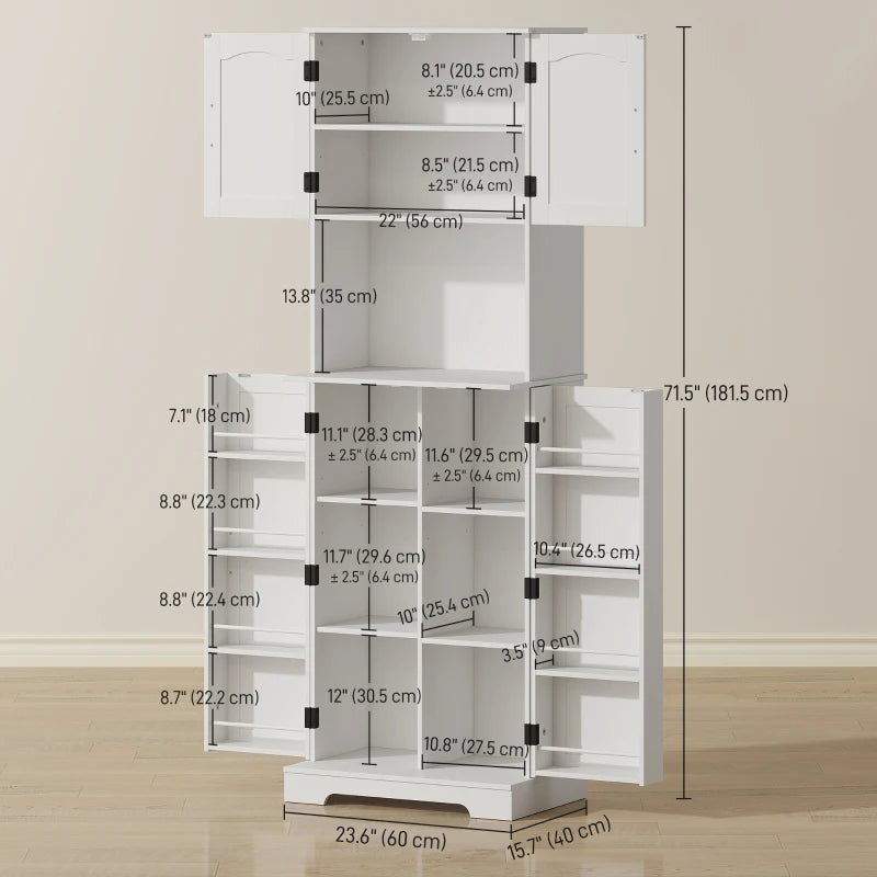 71.5" Tall Pantry Cabinet, Farmhouse Kitchen Storage Cabinet with Adjustable Shelves, 8 Door Spice Racks, White