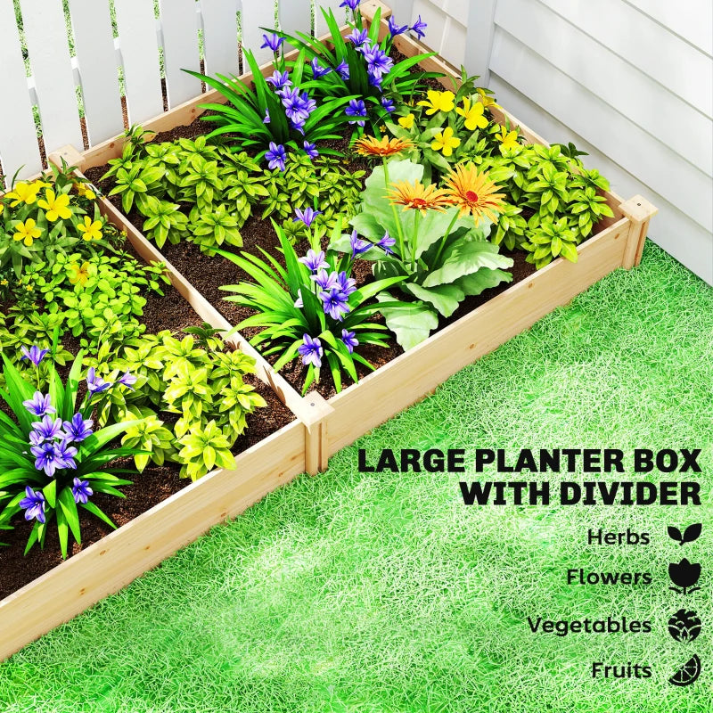 Wooden Raised Garden Bed, Outdoor Planter Box with Divider and Open Bottom for Flowers, Herbs, Vegetables, DIY Painting