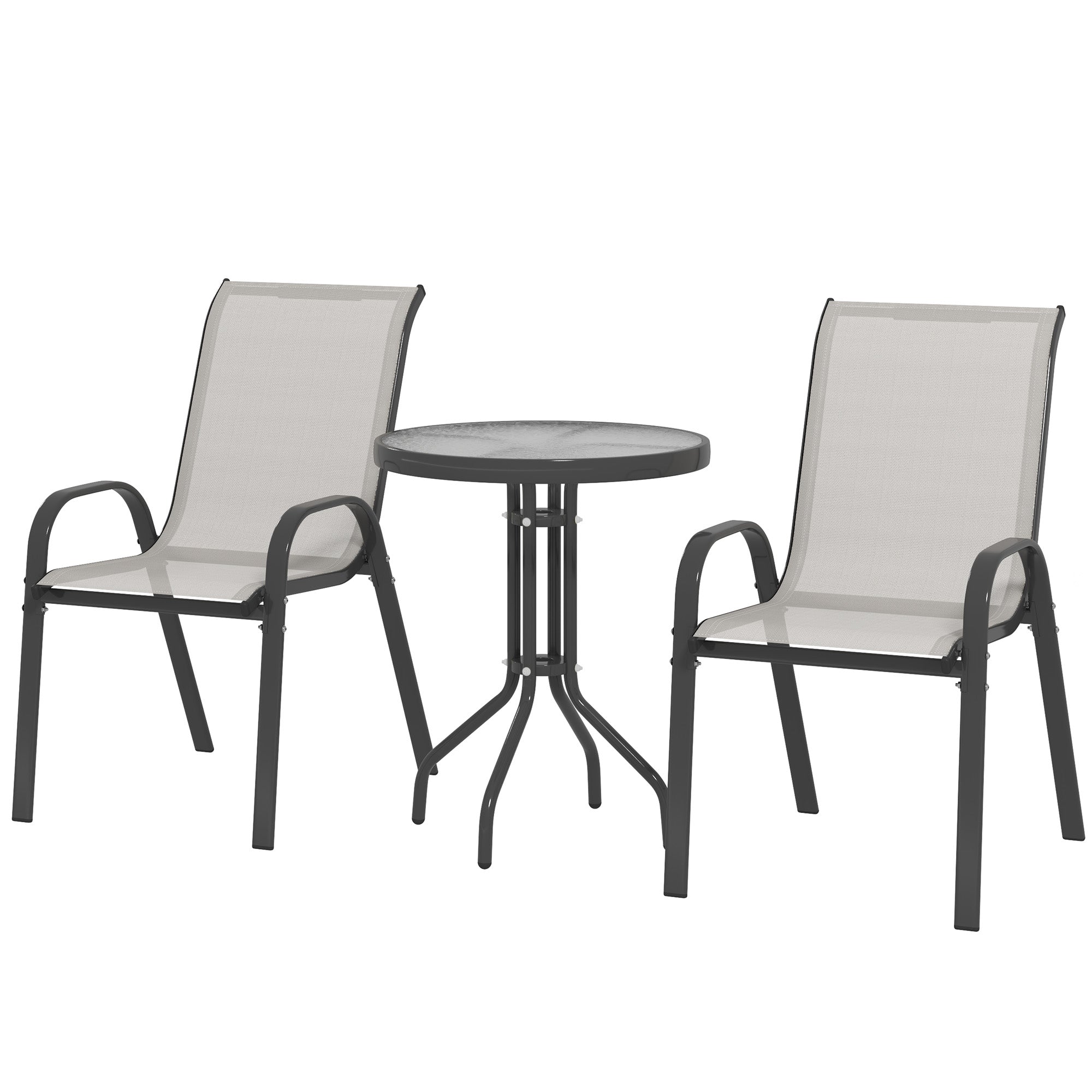 Outsunny 3 Pieces Bistro Set, Small Patio Furniture Set with Stackable Mesh Chairs, Glass Table for Garden, Balcony, Light Grey