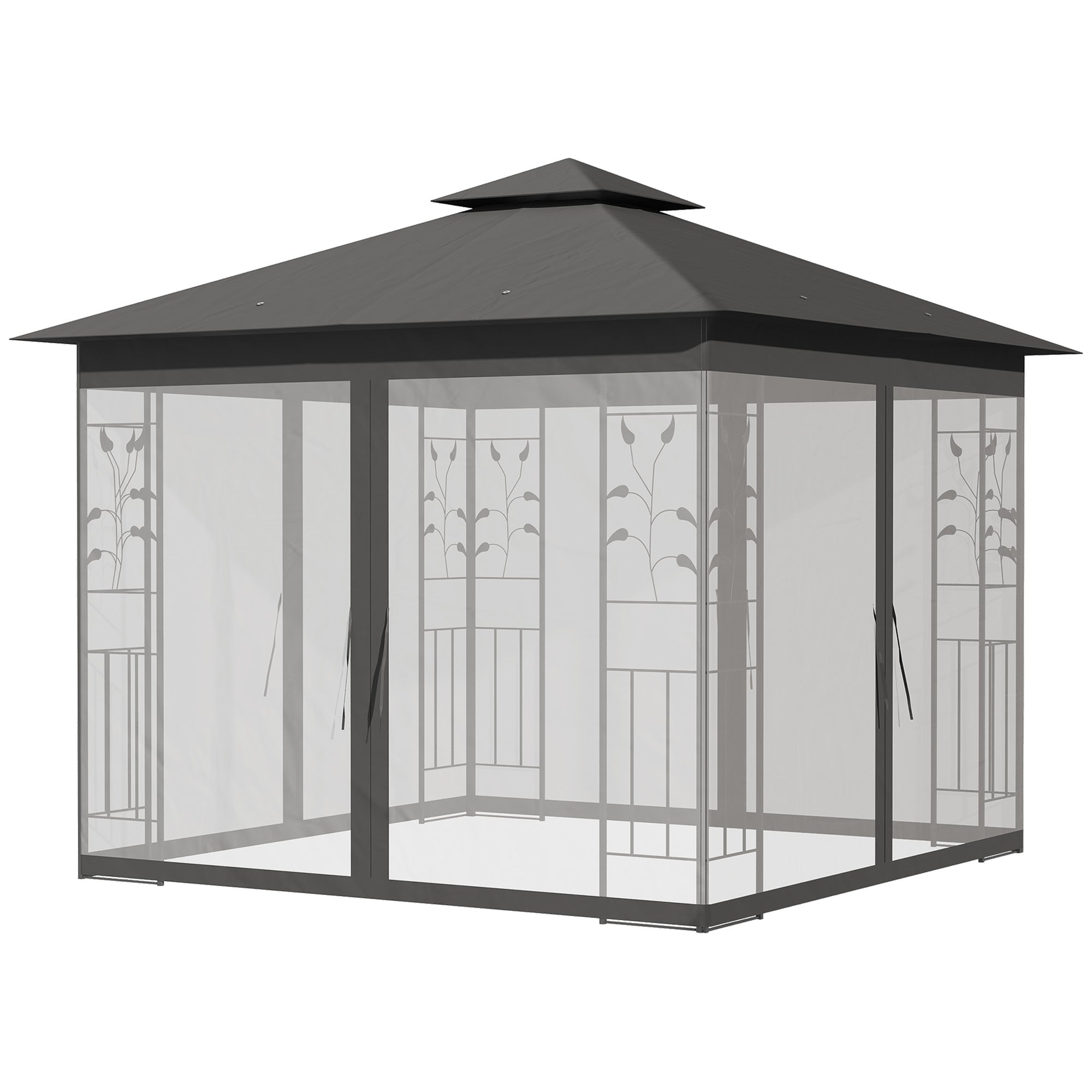 Outsunny 10x10 Steel Patio Gazebo Soft-Top Sun Shelter with 2-Tier Roof & Curtain Sidewalls in Grey