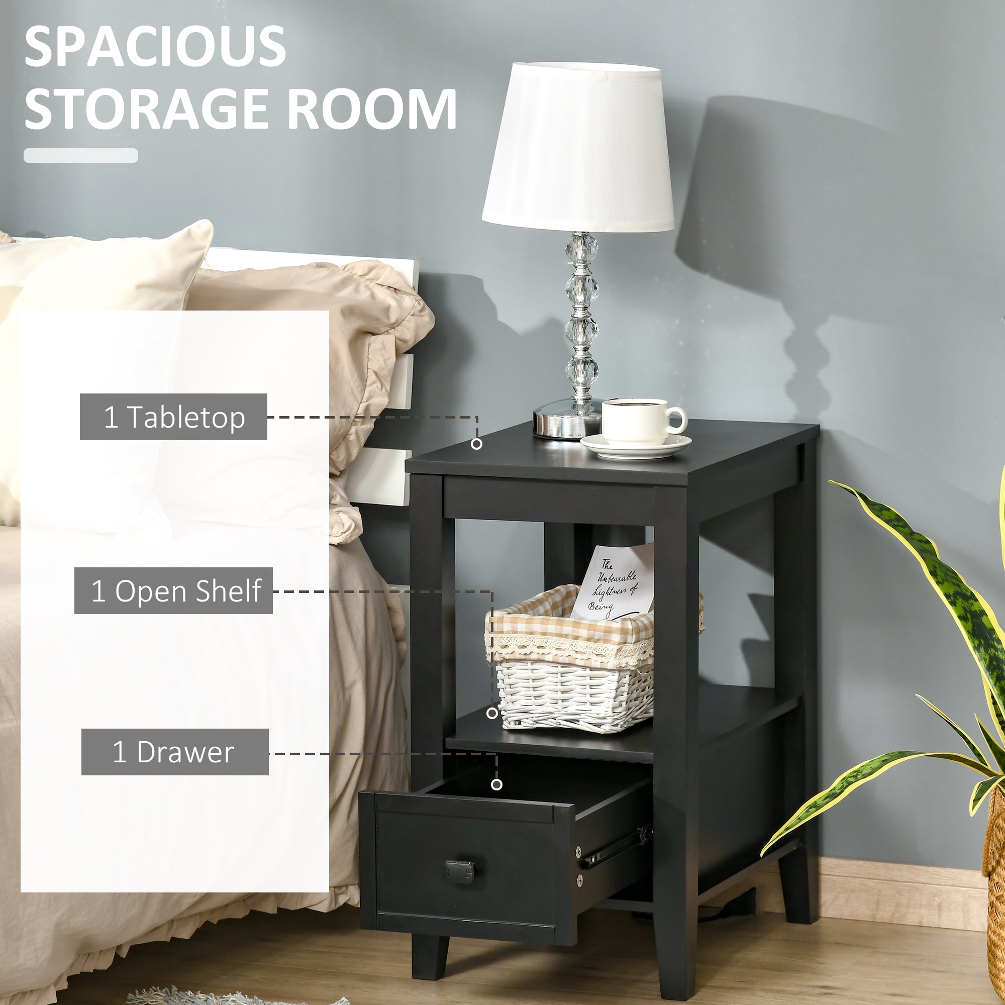 HOMCOM Black Modern End Table with Drawer Shelf Sofa Side Table Nightstand Bedroom Living Room