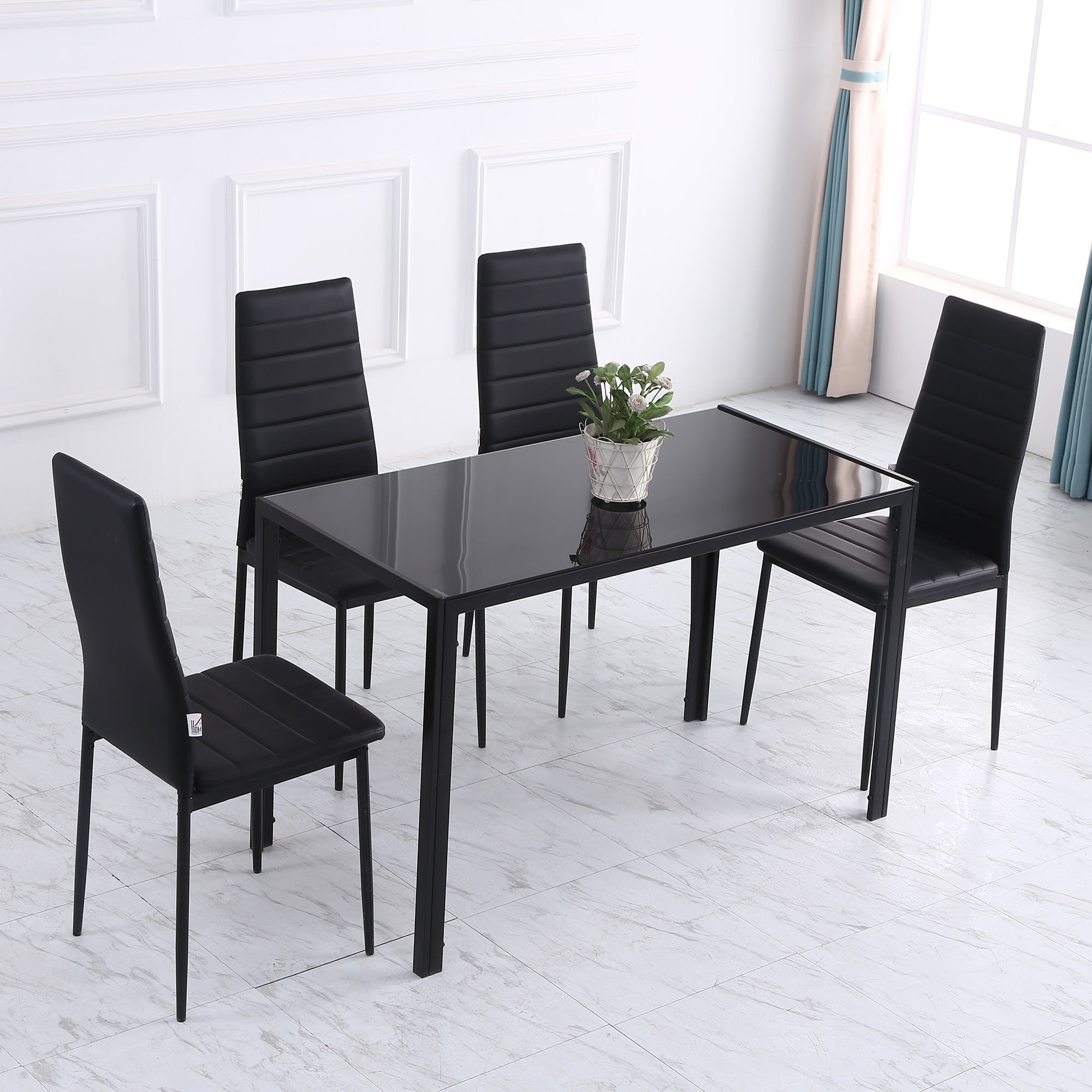HOMCOM Modern Dining Table for 4 Tempered Glass Top Metal Legs Kitchen Room Furniture Black