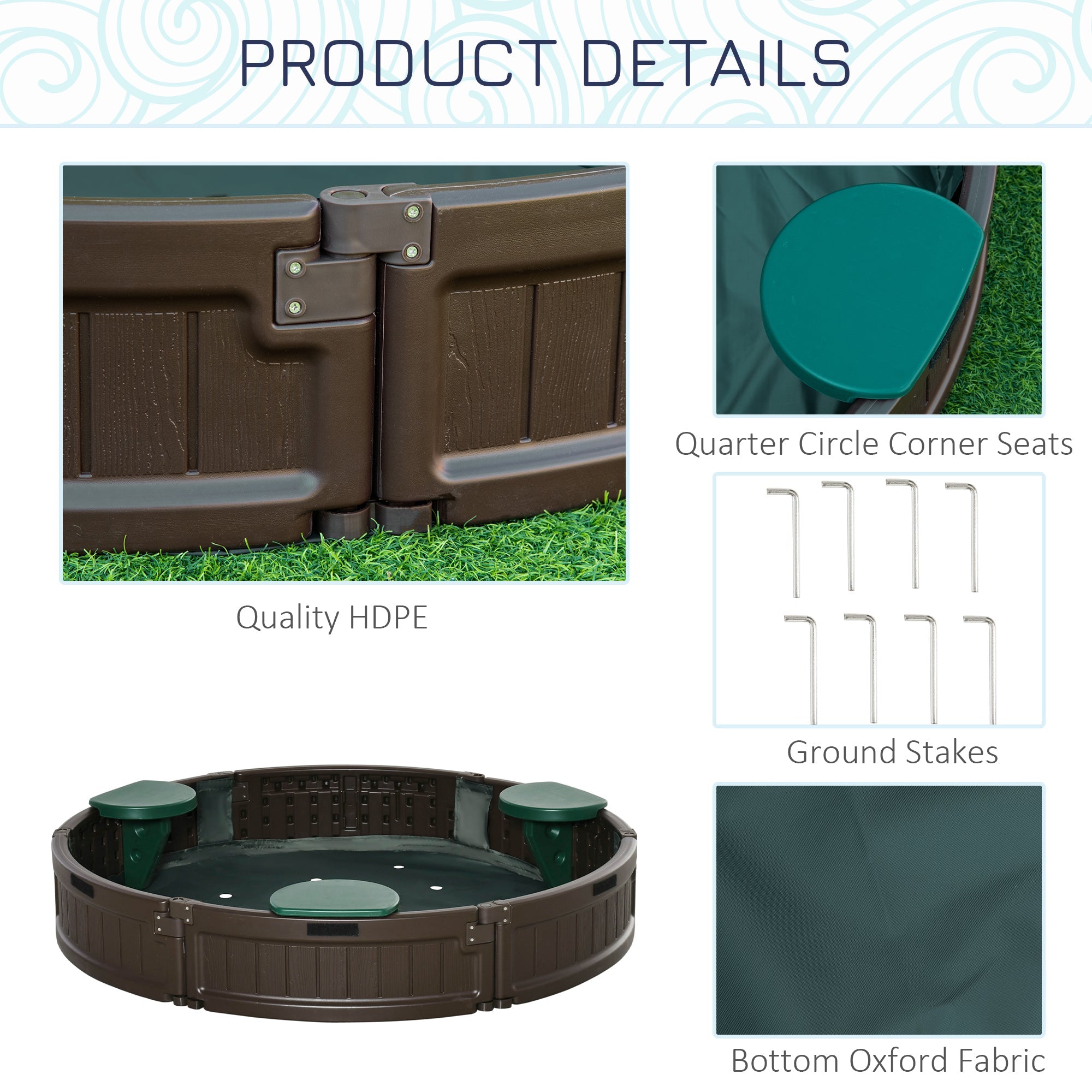 Outsunny Round Sandbox for Kids Outdoor Play with Waterproof Canopy Bottom Liner Childrens Garden Playset Brown
