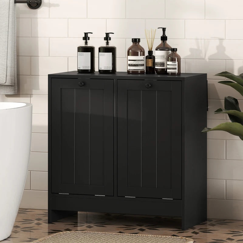 Tilt-Out Laundry Storage Cabinet, Modern Laundry Hamper with 2 Compartments for Bathroom Washroom, Black