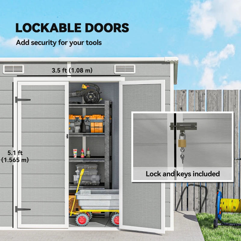 8' x 4' Resin Outdoor Storage Shed with Floor, Window, Lockable Doors and Vents for Backyard Patio Lawn, Light Grey