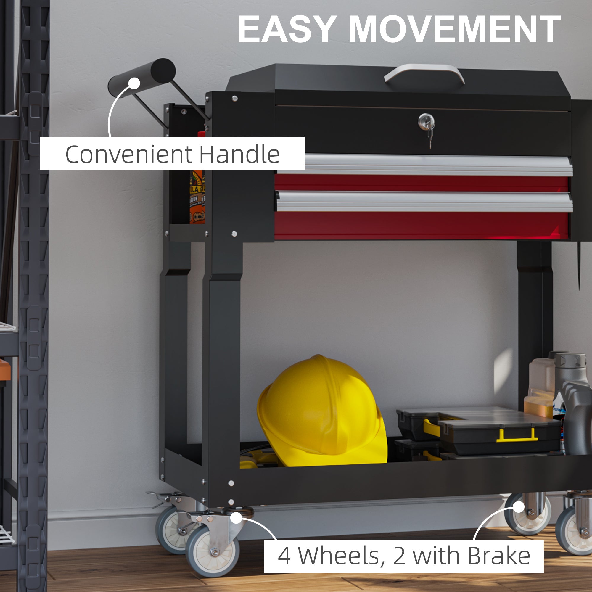 HOMCOM Tool Cart on Wheels Service Cart with 2 Drawers Tray Lockable Flip Top Storage for Garage Warehouse Workshop Black