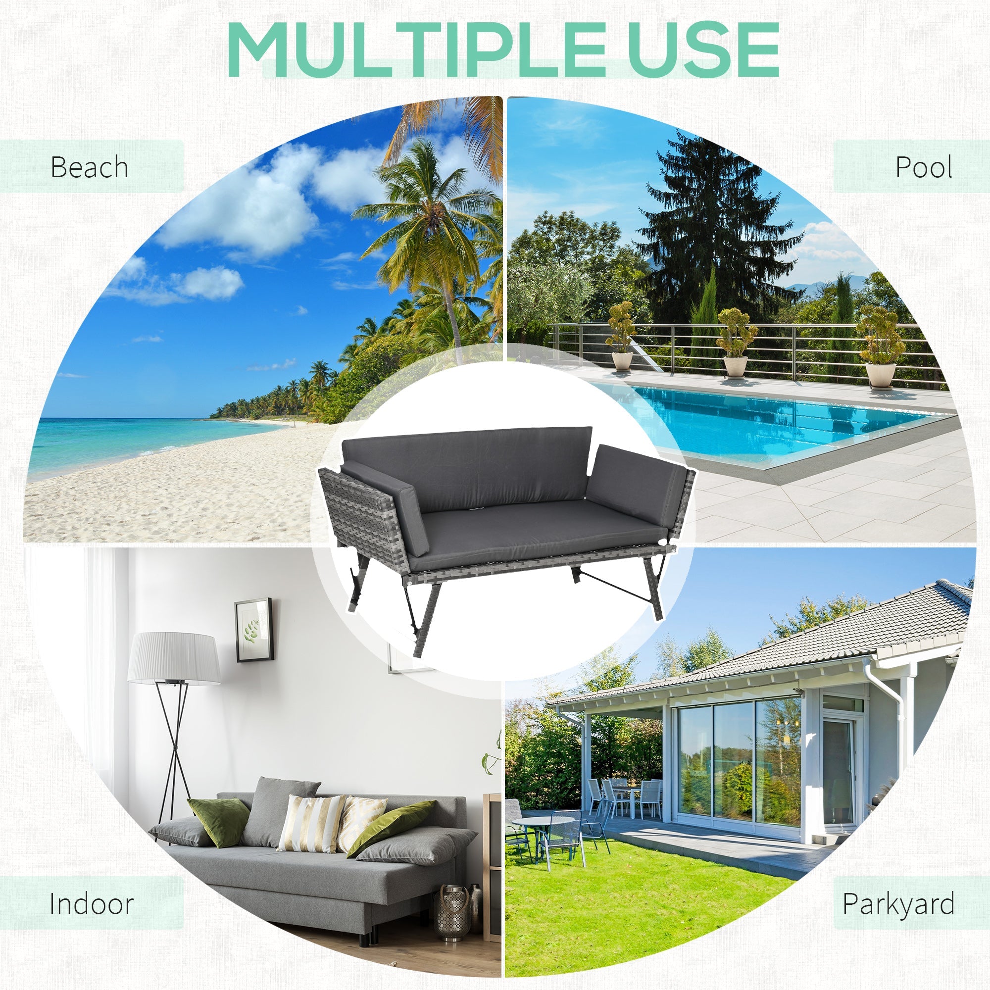 Outsunny Convertible Rattan Sofa Bed Chaise Lounge Wicker Loveseat Armchair Double Seat with Cushion All Weather Patio Furniture Grey