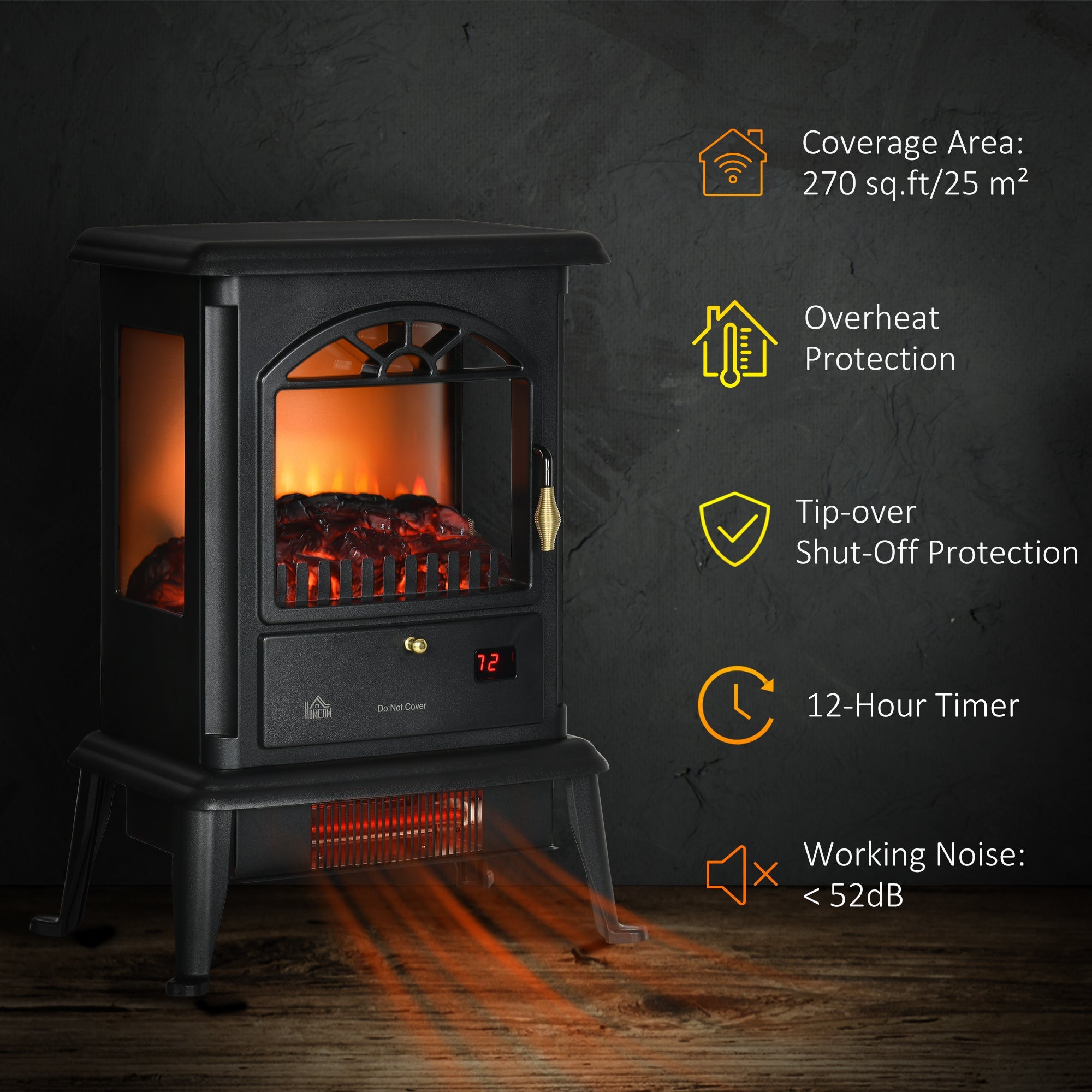 HOMCOM 22" Infrared Electric Fireplace Stove, Freestanding Fireplace Heater with 3D Flame Effect, 1000W/1500W, Black