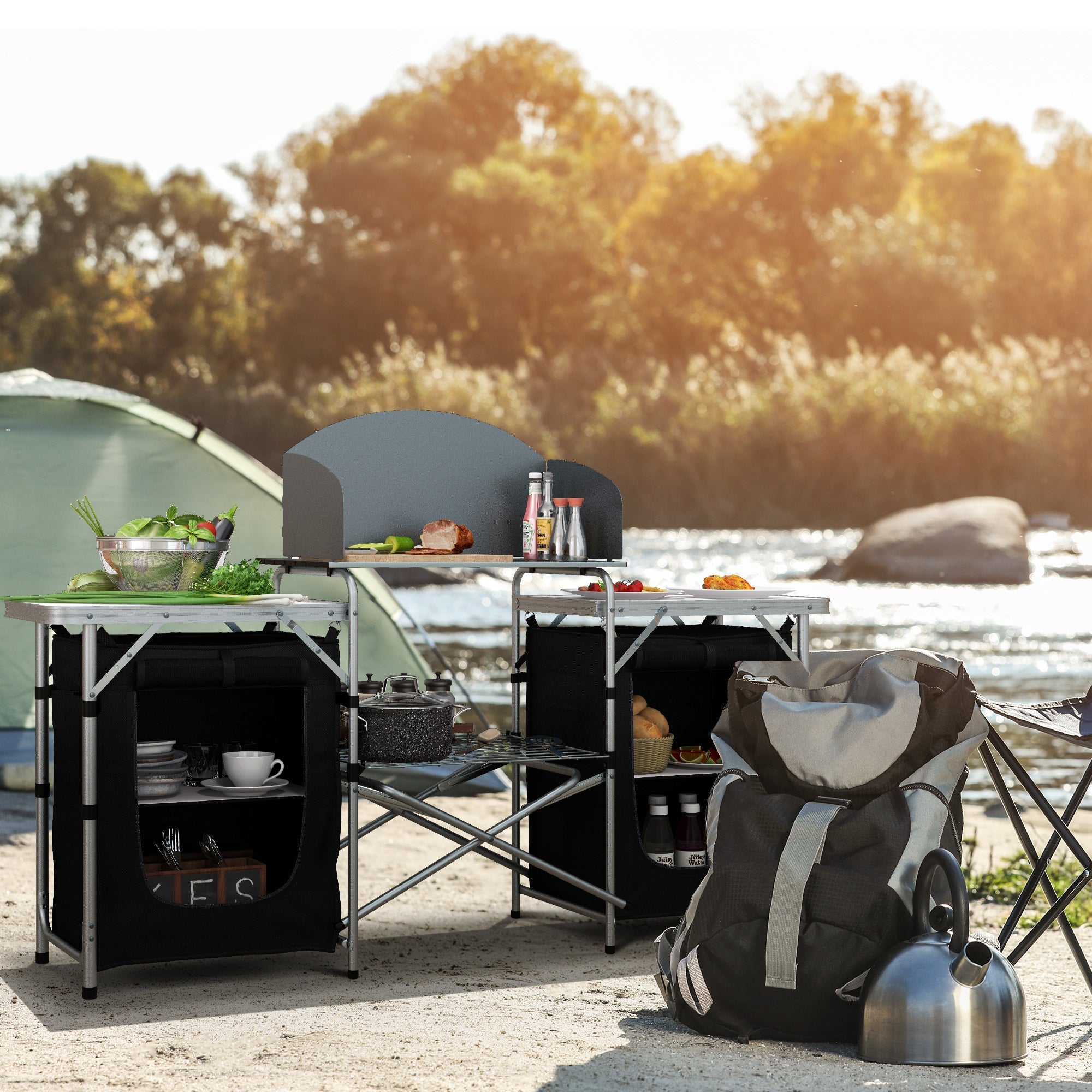 Outsunny Folding Camping Table with Windshield Aluminum Portable Kitchen Cupboards BBQ Camp Party Picnic